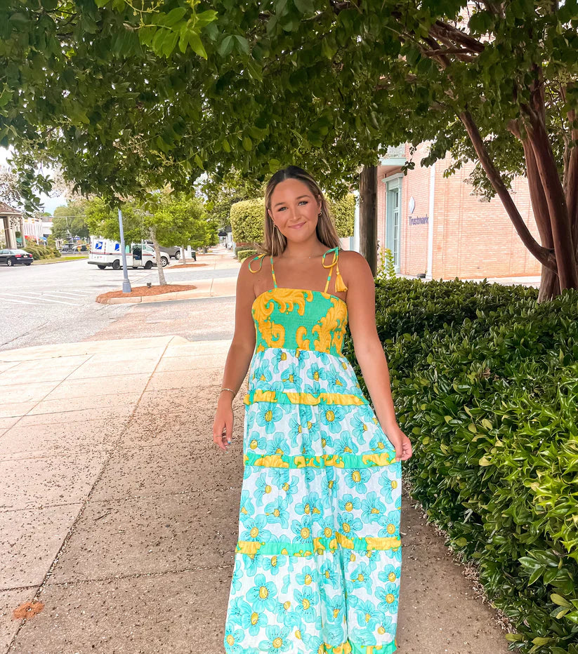 Dianora Spaghetti Strap Smocked Tiered Maxi Dress in Golden Floral Combo