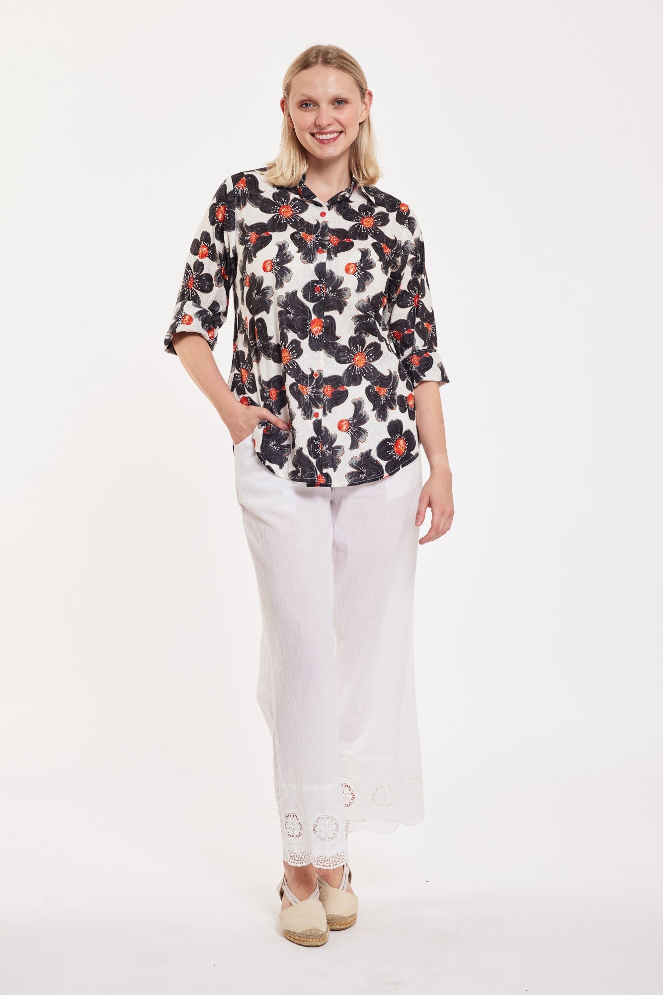 Rosalia Blouse Blooming Flower - White Black Red