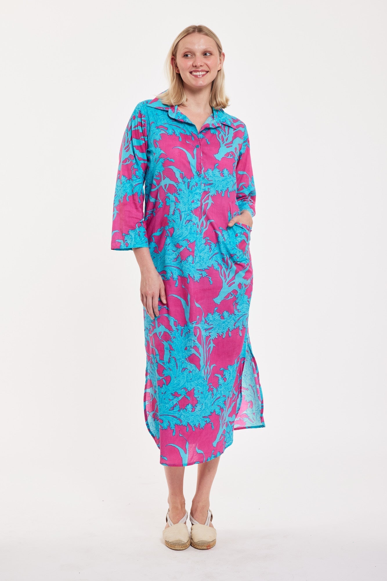 Gabriella Maxi Caftan Shirt Dress Big Coral Super Pink Blue