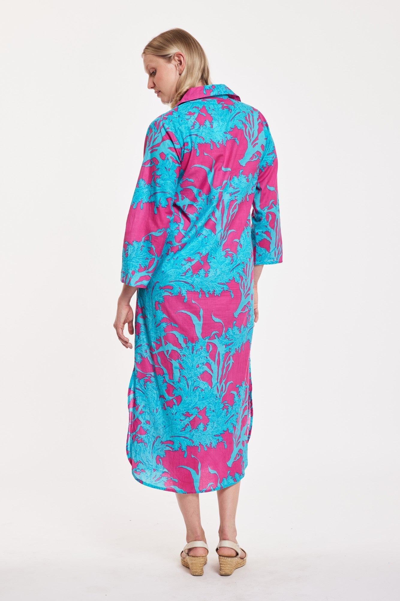 Gabriella Maxi Caftan Shirt Dress Big Coral Super Pink Blue