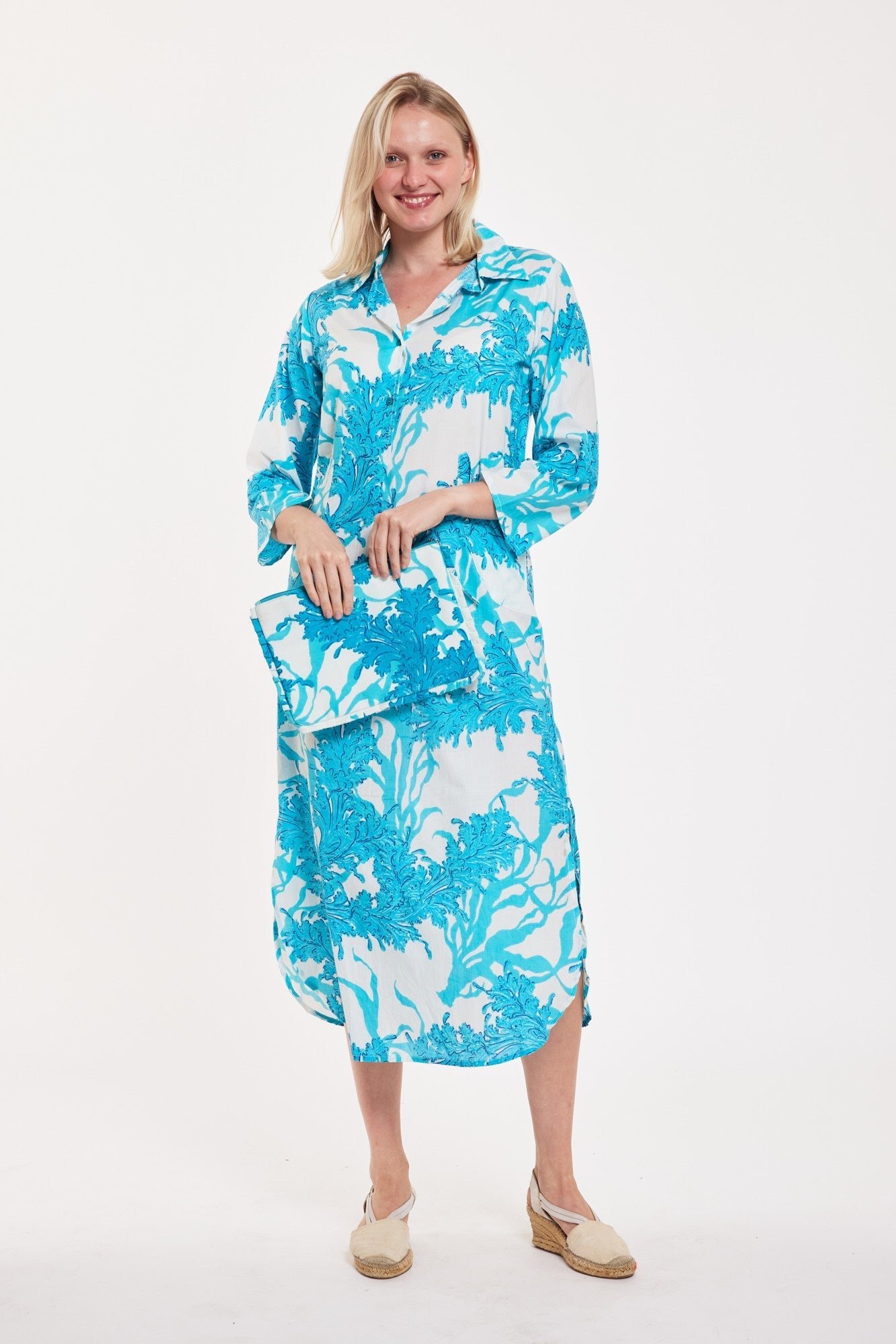 Gabriella Maxi Caftan Shirt Dress Big Coral White Blue
