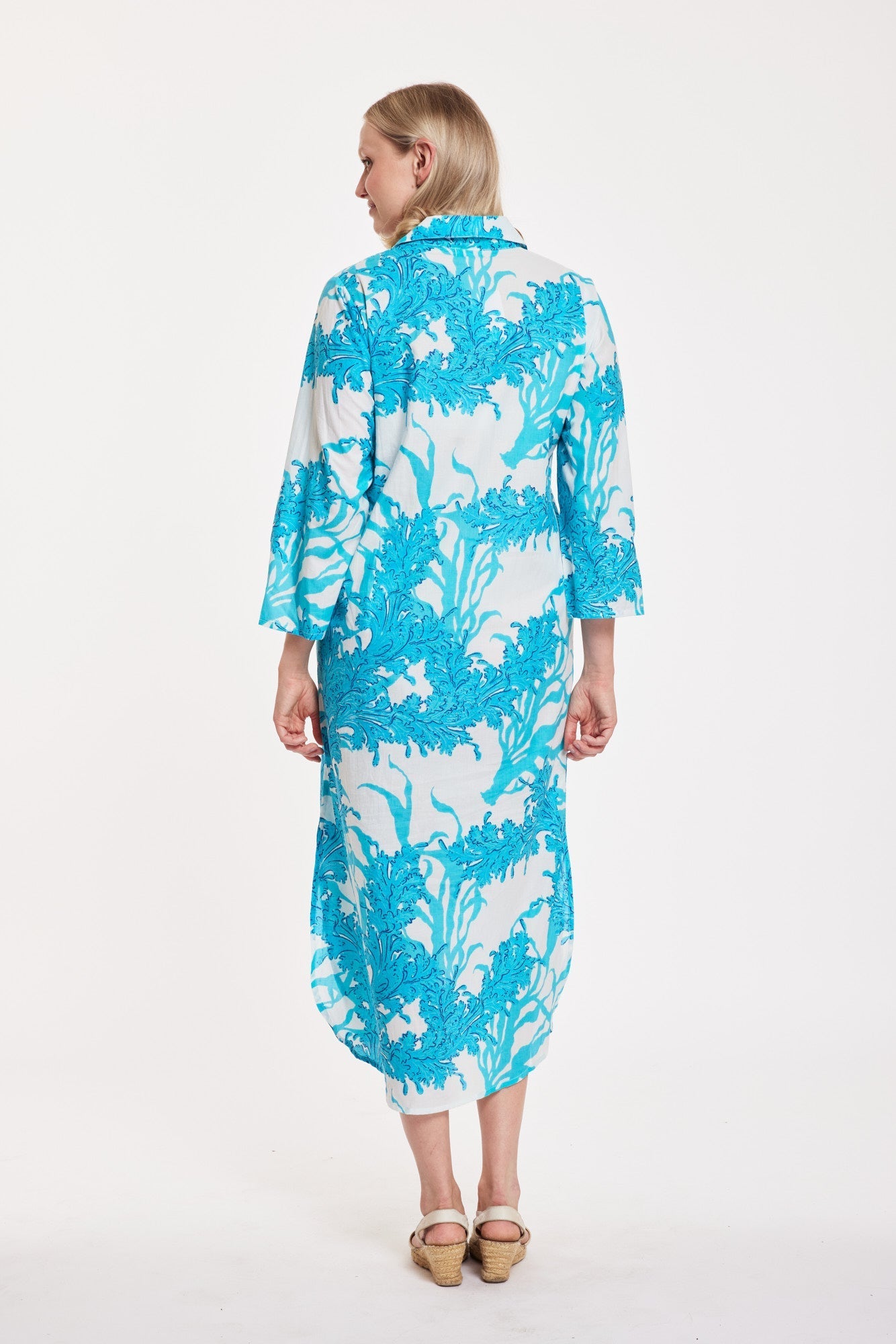 Gabriella Maxi Caftan Shirt Dress Big Coral White Blue