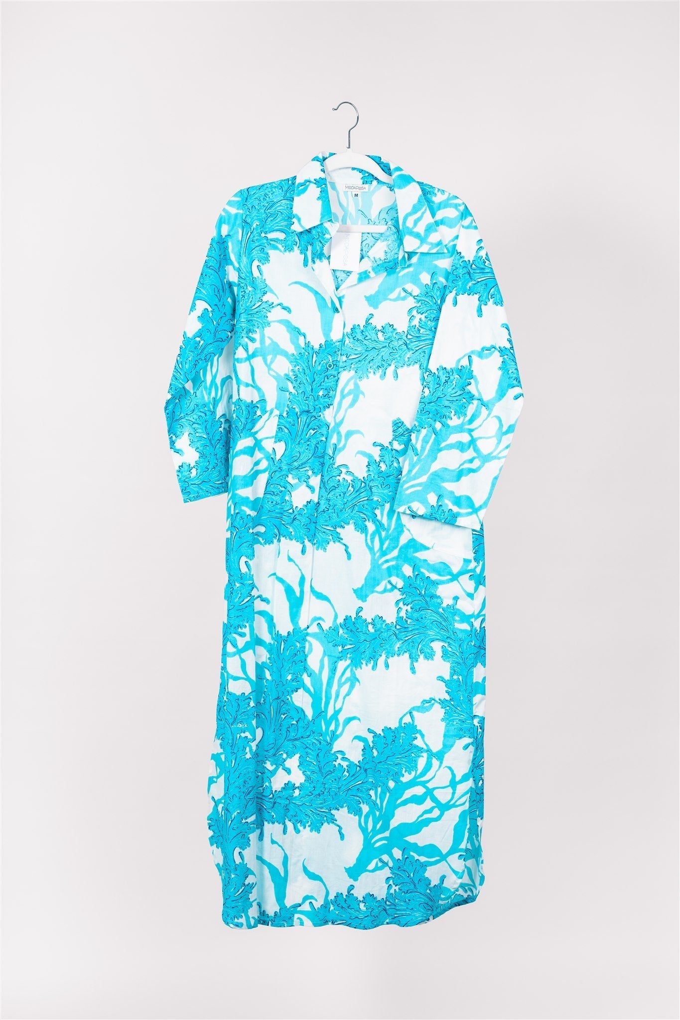 Gabriella Maxi Caftan Shirt Dress Big Coral White Blue