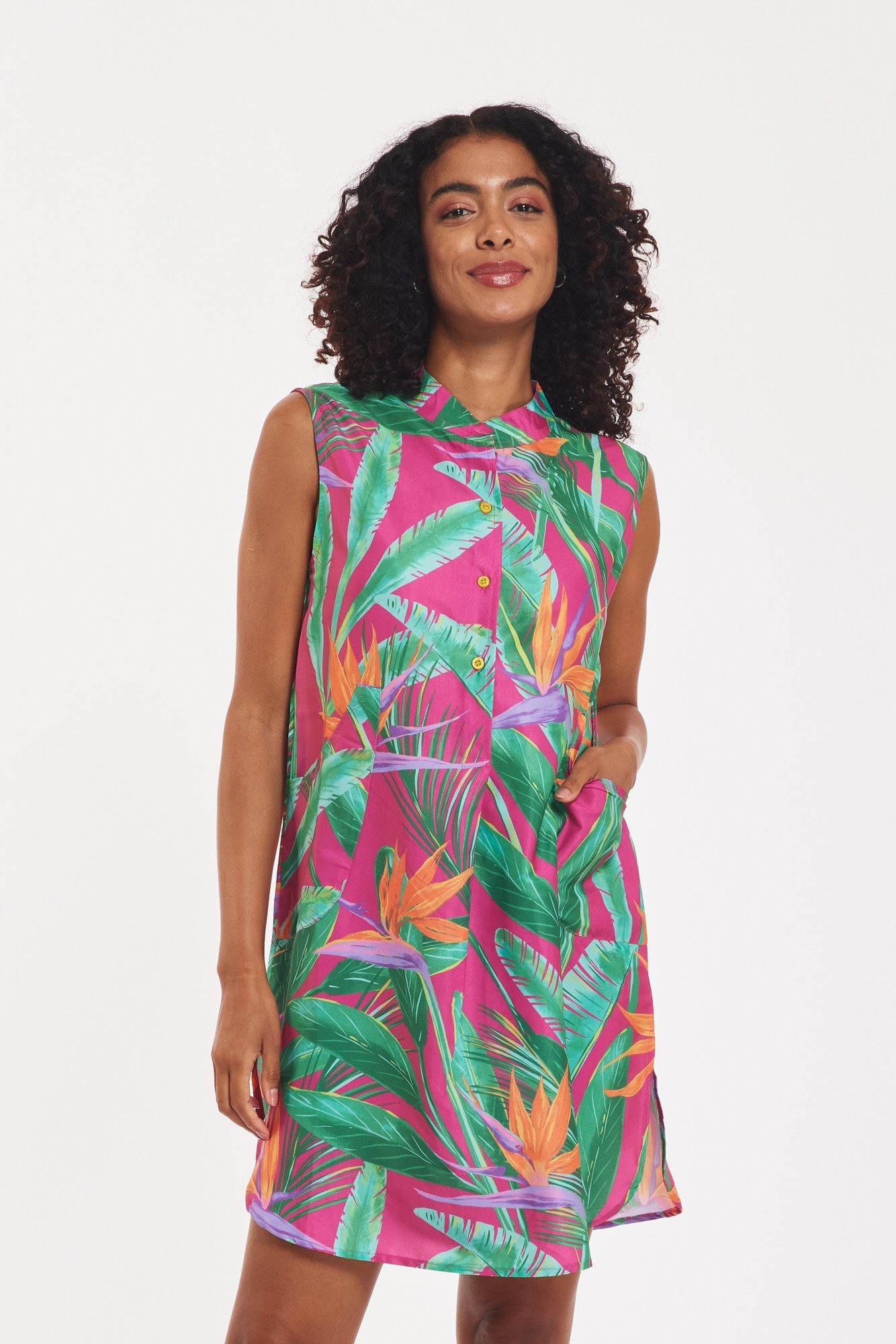 Gabriella Dress Tropical Leaves Fuchsia