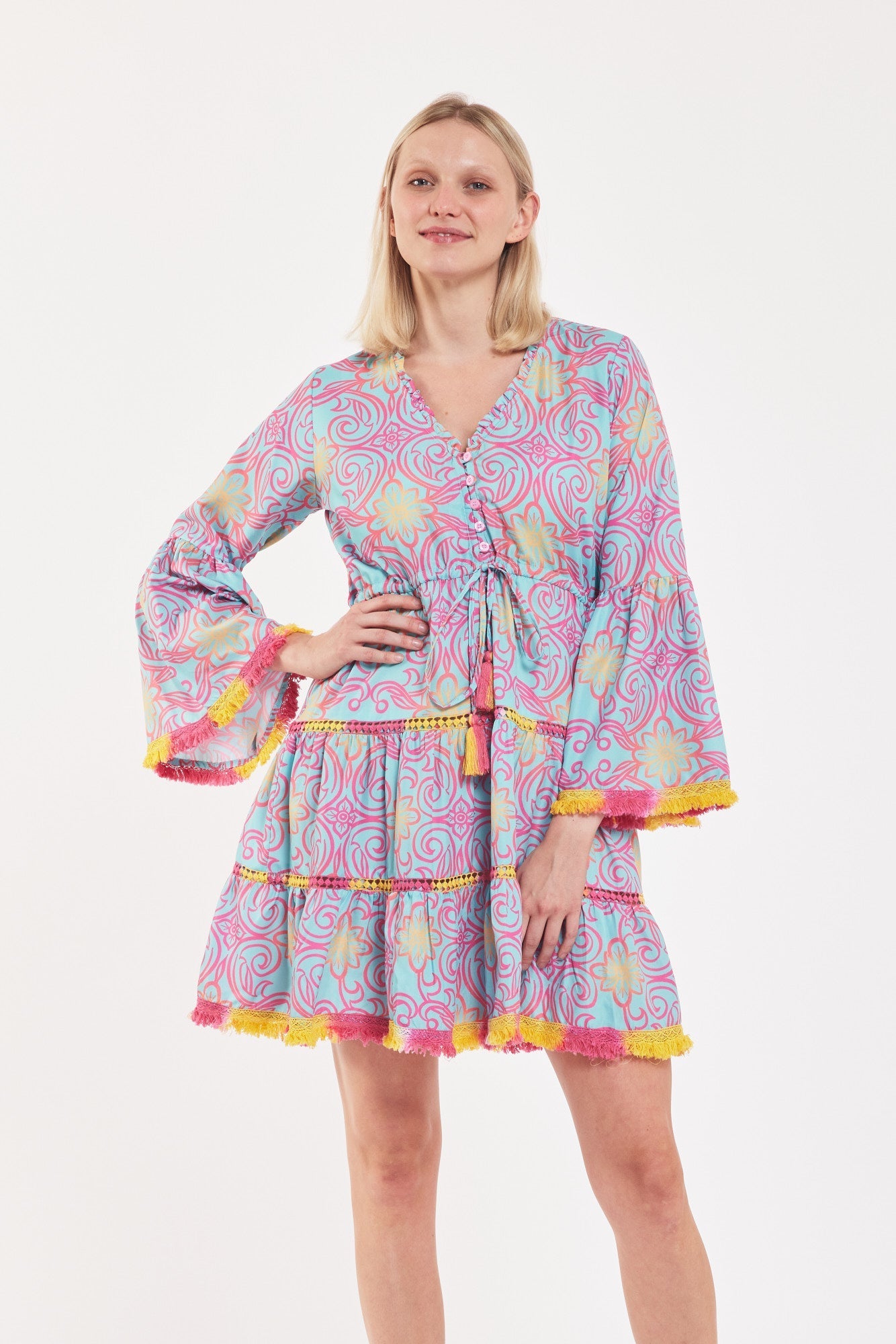 Desideria Dress Majolica Arbor Blue Red Gold