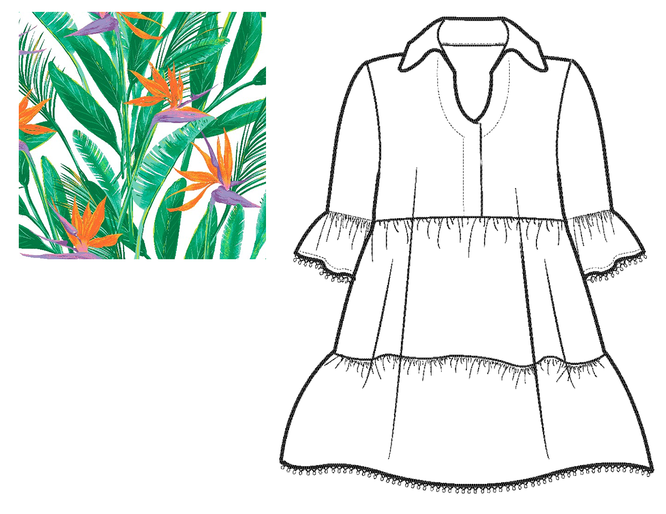 Cadenza Dress Tropical Leaves Green White Orange