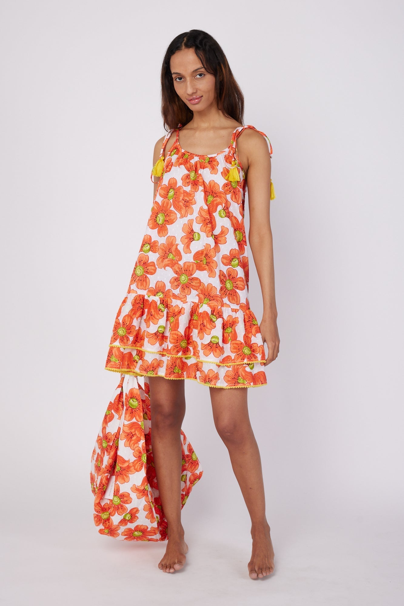 ModaPosa Tonia Sleeveless Spaghetti Strap Ruffle Mini Dress with Pom Pom Trim in Poppy . Discover women's resort dresses and lifestyle clothing inspired by the Mediterranean. Free worldwide shipping available!