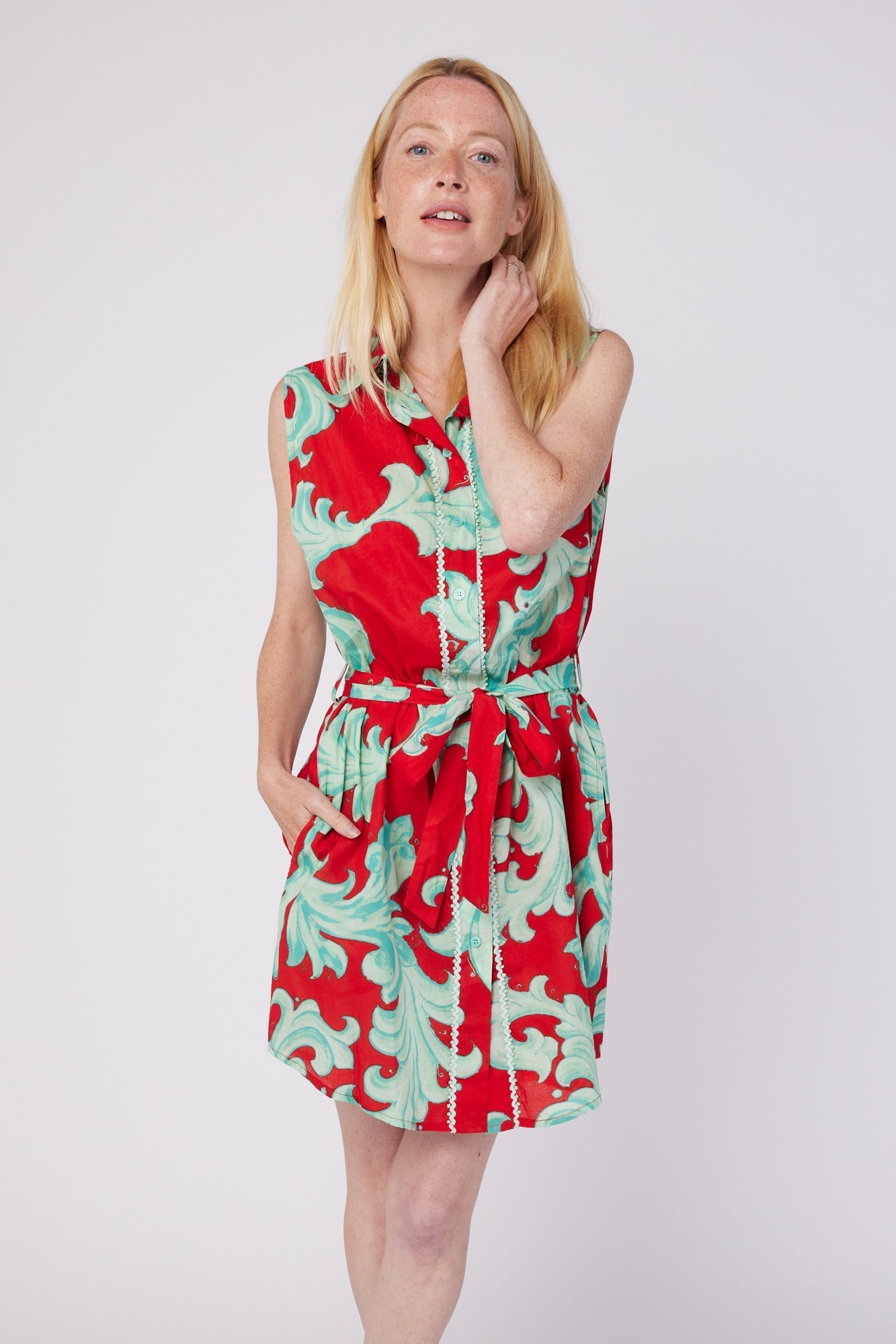 ModaPosa Carlotta Short Sleeve Shirt Dress with Pockets and Detachable Belt in Crimson Mist Baroque . Discover women's resort dresses and lifestyle clothing inspired by the Mediterranean. Free worldwide shipping available!