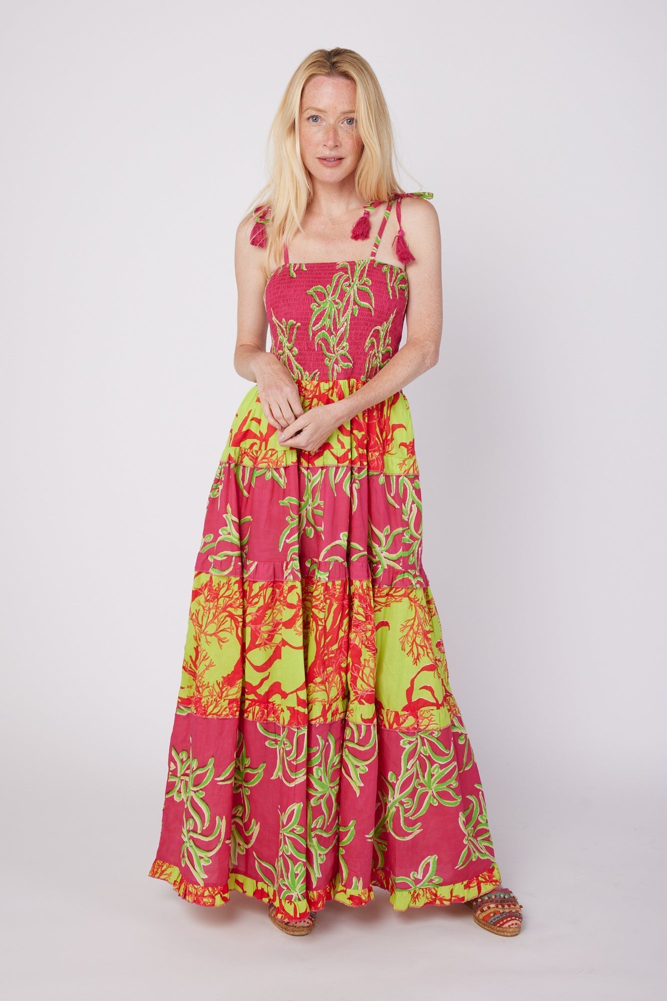 maxi dresses with spaghetti straps ModaPosa Dianora Spaghetti Strap Smocked Tiered Maxi Dress in Raspberry Lime Combo