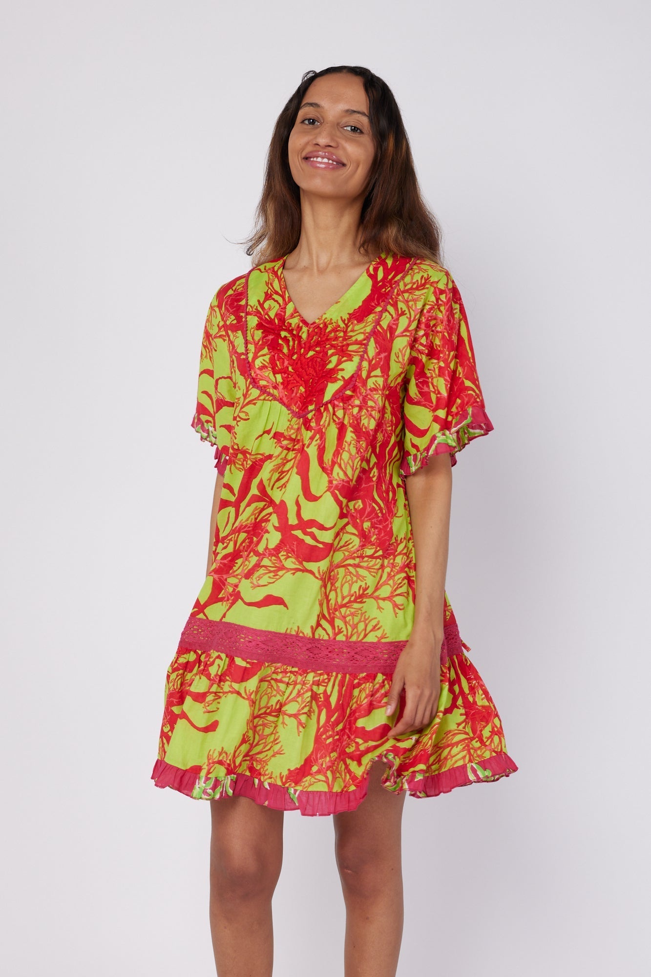 ModaPosa Ilaria Short Sleeve Drop Waist Hand Embroidered Knee Length Dress with Lace Trim in Red and Green Coral | Shop online for women's the Mediterranean-inspired lifestyle and resort clothing ModaPosa ModaPosa Ilaria Short Sleeve Drop Waist Hand Embroidered Knee Length Dress with Lace Trim in Red and Green Coral | Shop online for women's the Mediterranean-inspired lifestyle and resort clothing ModaPosa