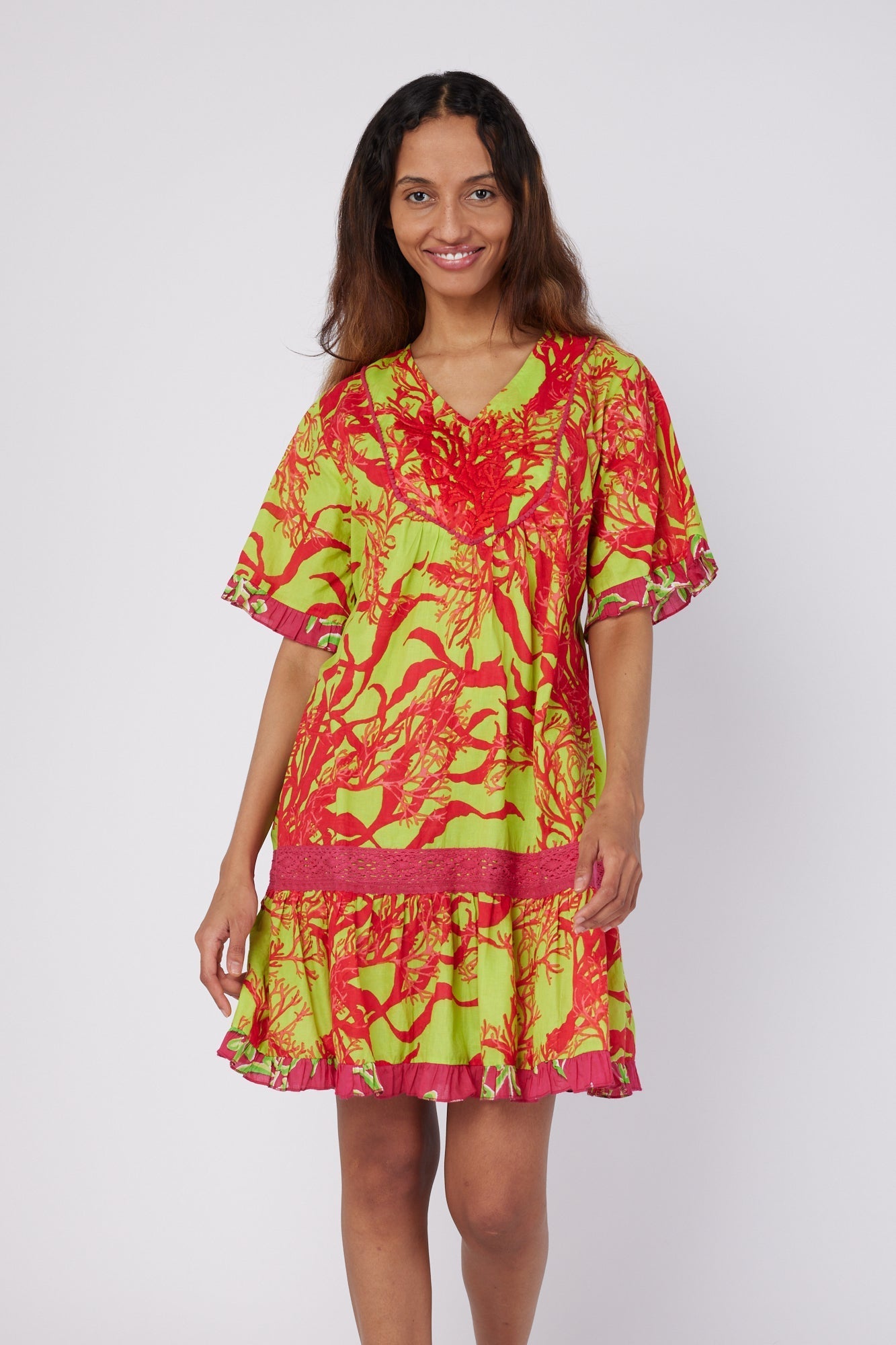 ModaPosa Ilaria Short Sleeve Drop Waist Hand Embroidered Knee Length Dress with Lace Trim in Red and Green Coral . Discover women's resort dresses and lifestyle clothing inspired by the Mediterranean. Free worldwide shipping available!