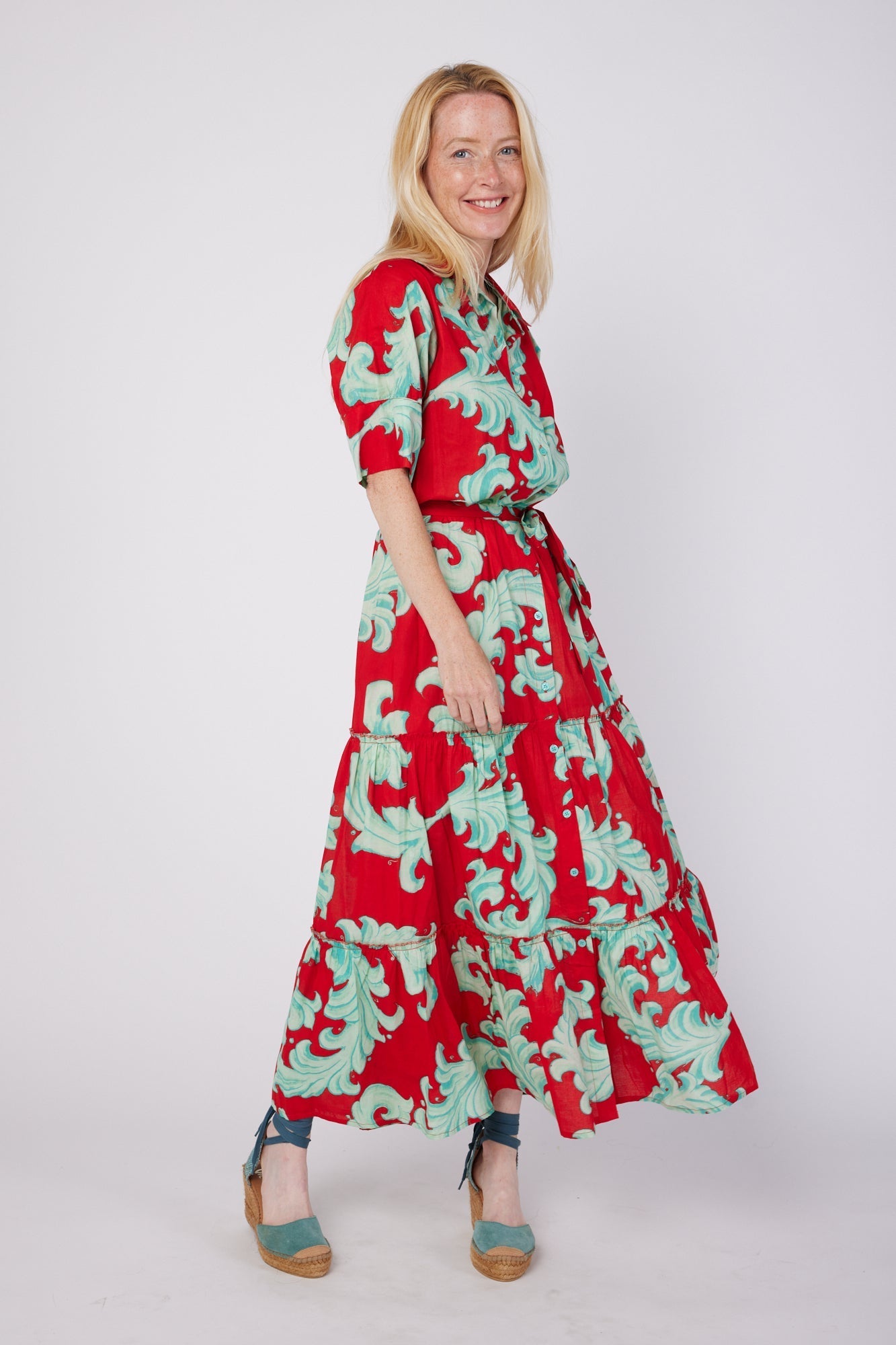 ModaPosa Alcee Short Puff Sleeve Maxi Dress with Collar and Detachable Belt in Crimson Mist Baroque | Shop online for women's the Mediterranean-inspired lifestyle and resort clothing ModaPosa Online Store ModaPosa Alcee Short Puff Sleeve Maxi Dress with Collar and Detachable Belt in Crimson Mist Baroque | Shop online for women's the Mediterranean-inspired lifestyle and resort clothing ModaPosa Online Store
