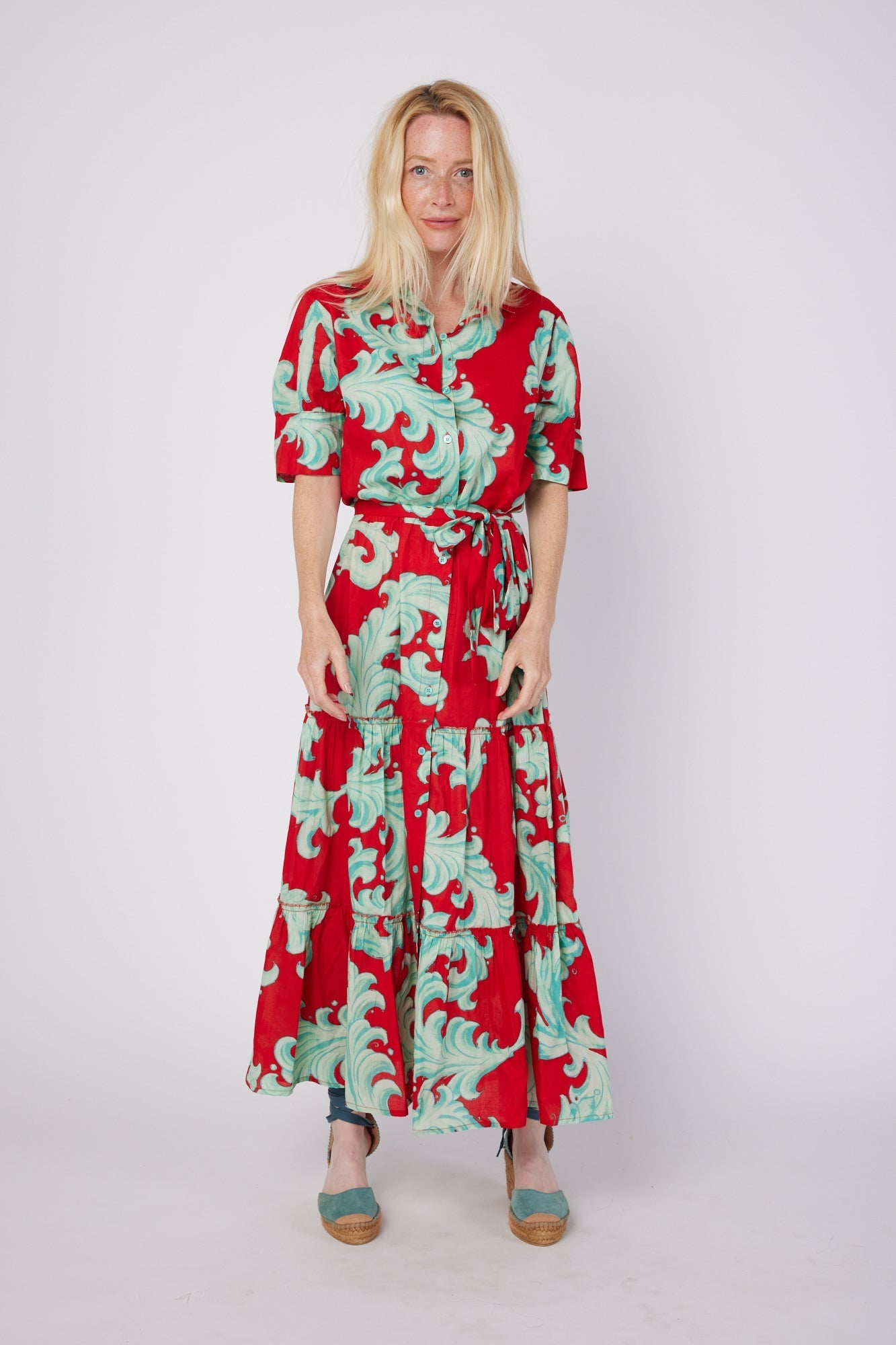 ModaPosa Alcee Short Puff Sleeve Maxi Dress with Collar and Detachable Belt in Crimson Mist Baroque . Discover women's resort dresses and lifestyle clothing inspired by the Mediterranean. Free worldwide shipping available!
