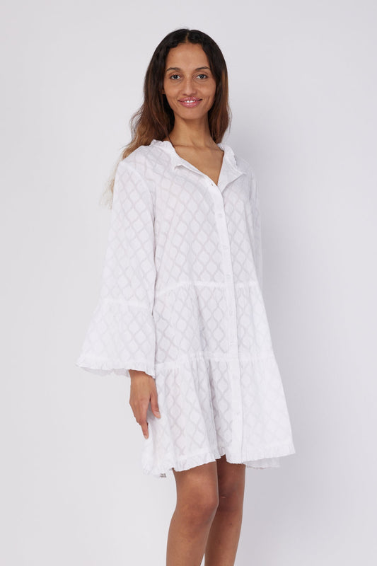 Alcee 3/4 Frill Sleeve Ruffle Knee Length Relaxed Jacquard Beach Dress in White