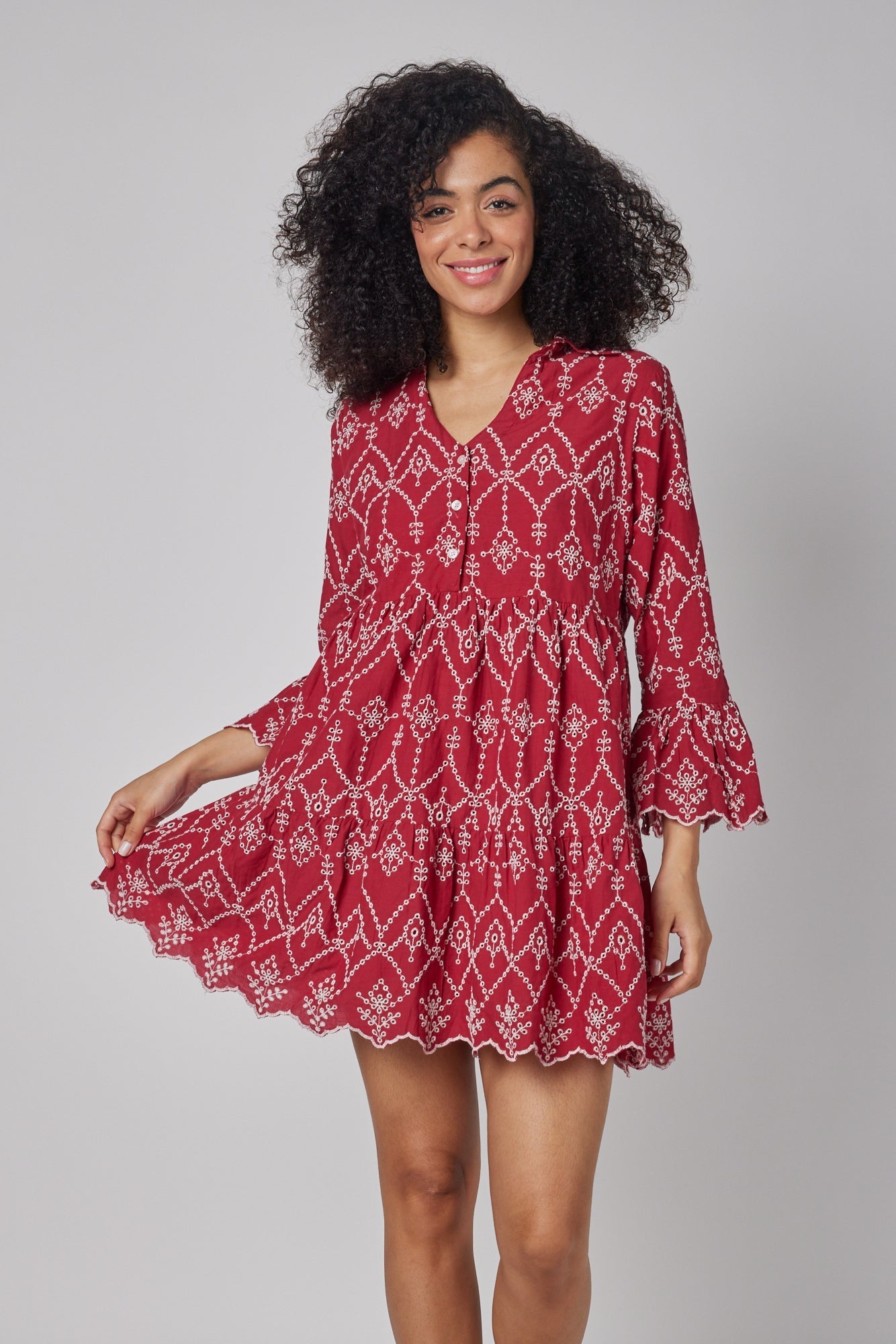ModaPosa Cadenza Flared Sleeve Eyelet Empire Short Dress. Shop women's resort and lifestyle clothing inspired by the Mediterranean, Italy.