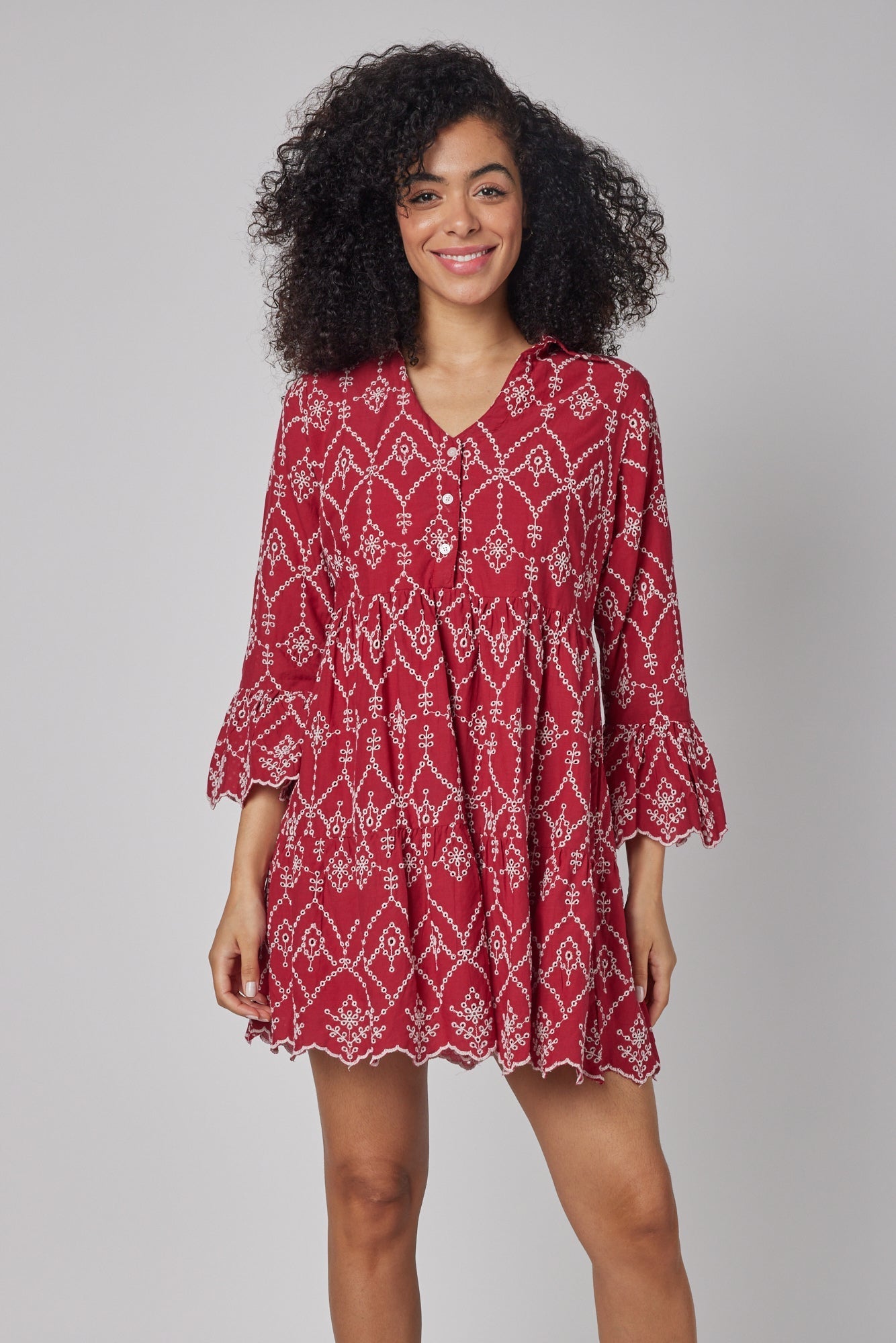 ModaPosa Cadenza Flared Sleeve Eyelet Empire Short Dress. Shop women's resort and lifestyle clothing inspired by the Mediterranean, Italy.