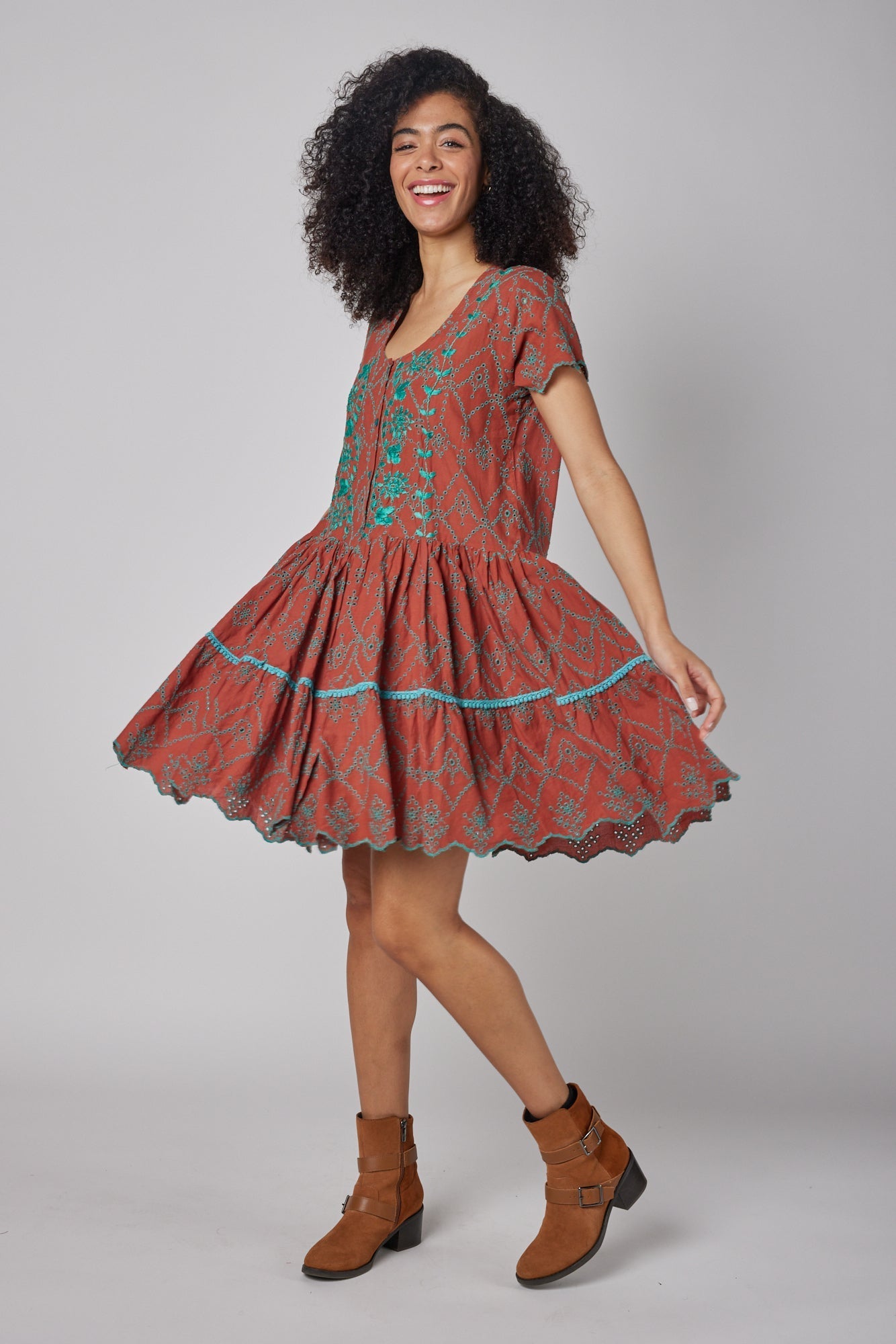 ModaPosa Simonetta Short Sleeve Hand Embroidered Eyelet Dress. Shop women's resort and lifestyle clothing inspired by the Mediterranean, Italy.