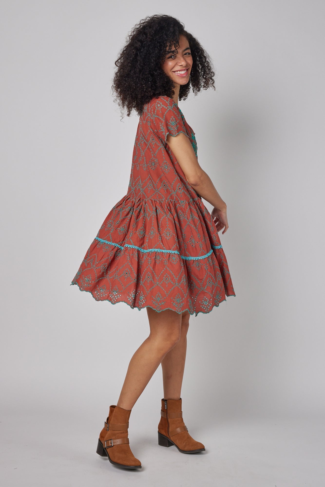 ModaPosa Simonetta Short Sleeve Hand Embroidered Eyelet Dress. Shop women's resort and lifestyle clothing inspired by the Mediterranean, Italy.