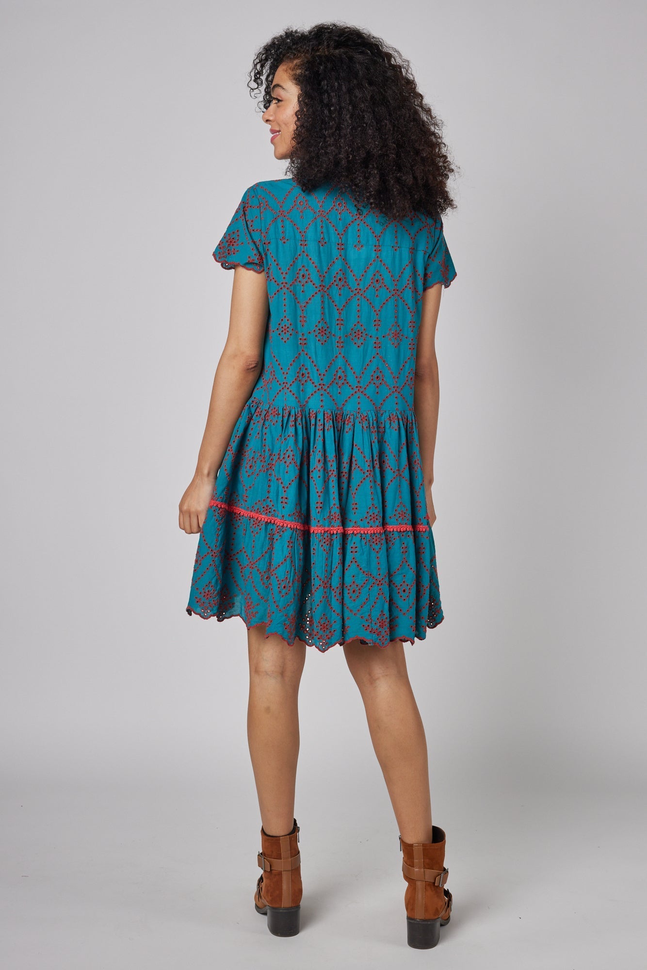 ModaPosa Simonetta Short Sleeve Hand Embroidered Eyelet Dress. Shop women's resort and lifestyle clothing inspired by the Mediterranean, Italy.