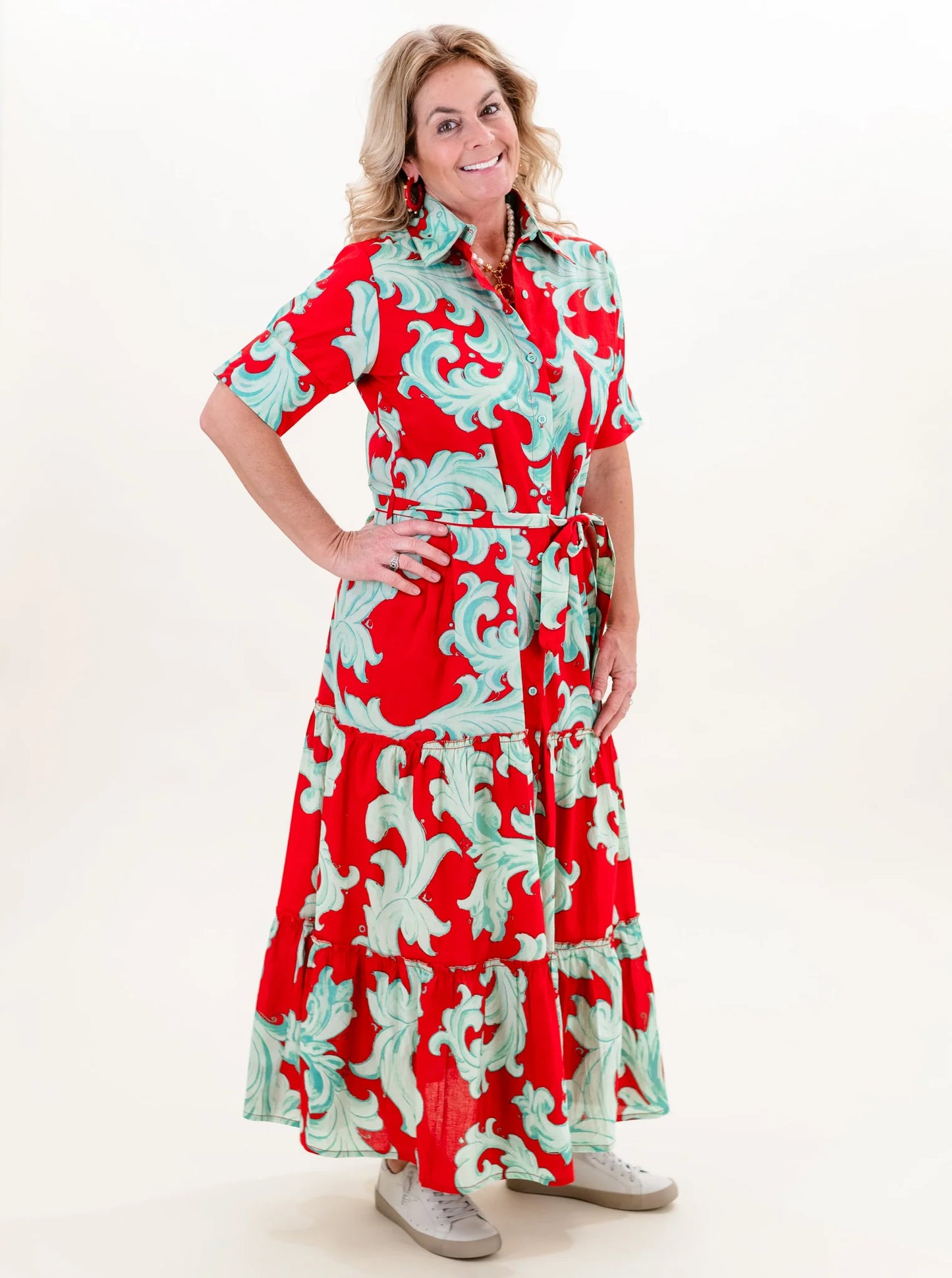 Alcee Short Puff Sleeve Maxi Dress with Collar and Detachable Belt in Crimson Mist Baroque