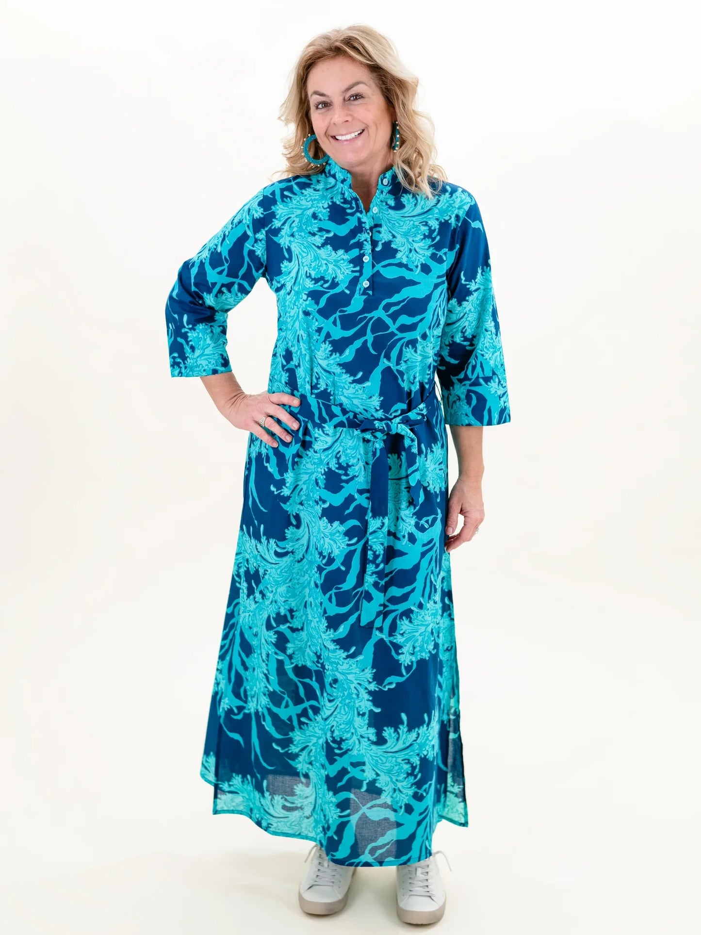 Elina 3/4 Sleeve Maxi Caftan Dress with Detachable Belt in Navy Aqua Coral