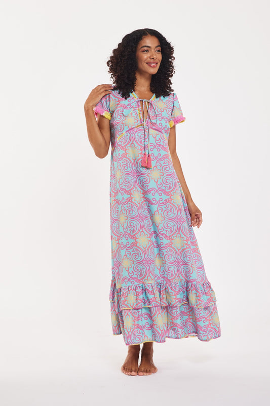 Preorder - Brigida Maxi Dress Majolica Arbor Blue Red Gold