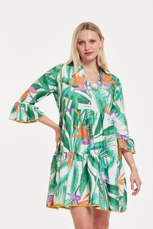 Preorder - Cadenza Dress Tropical Leaves Green White Orange