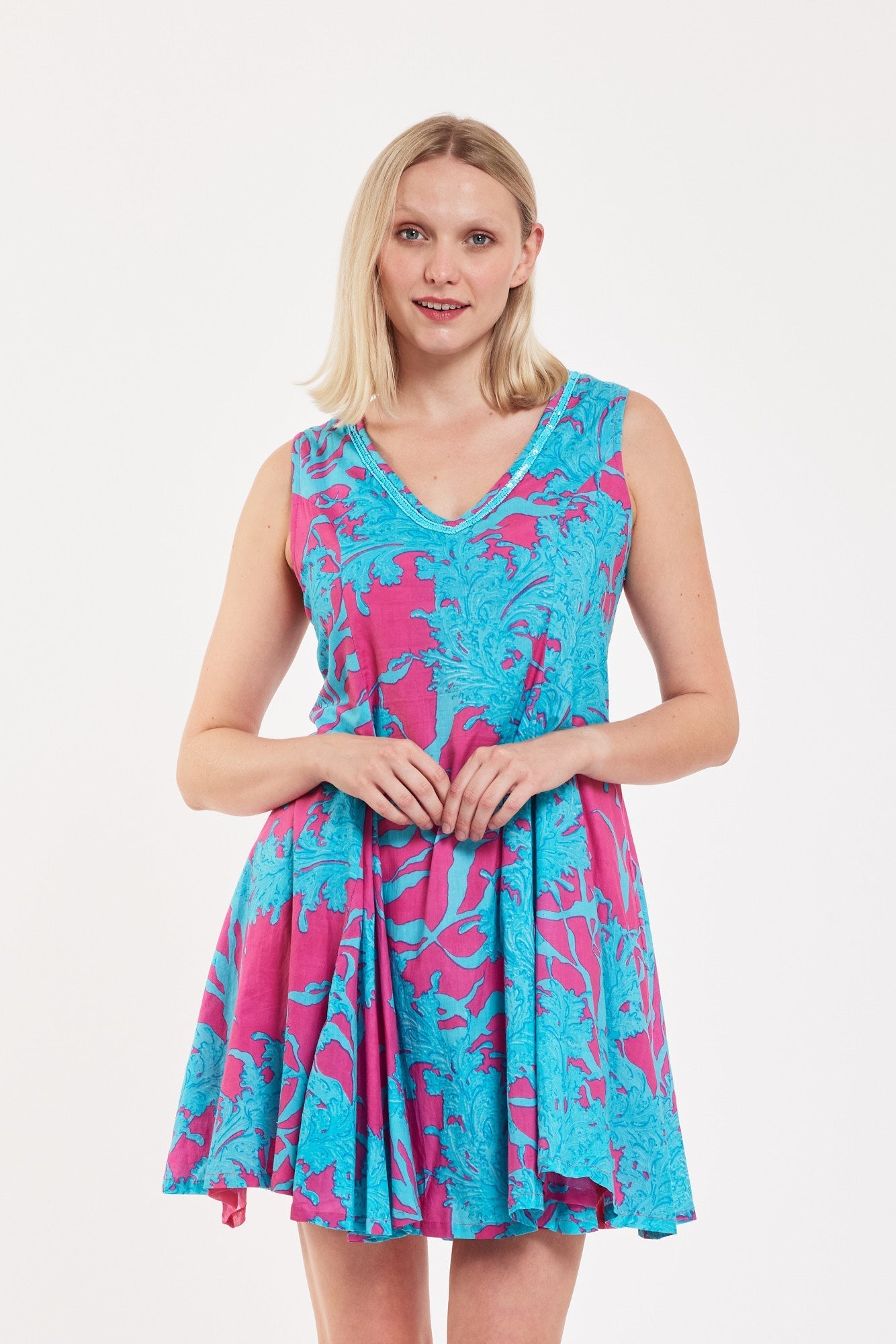 Preorder - Enrica Dress Big Coral Super Pink Blue