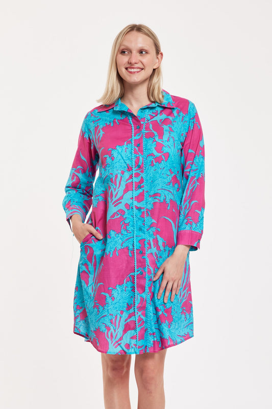 Carlotta Midi Shirt Dress Big Coral Super Pink Blue