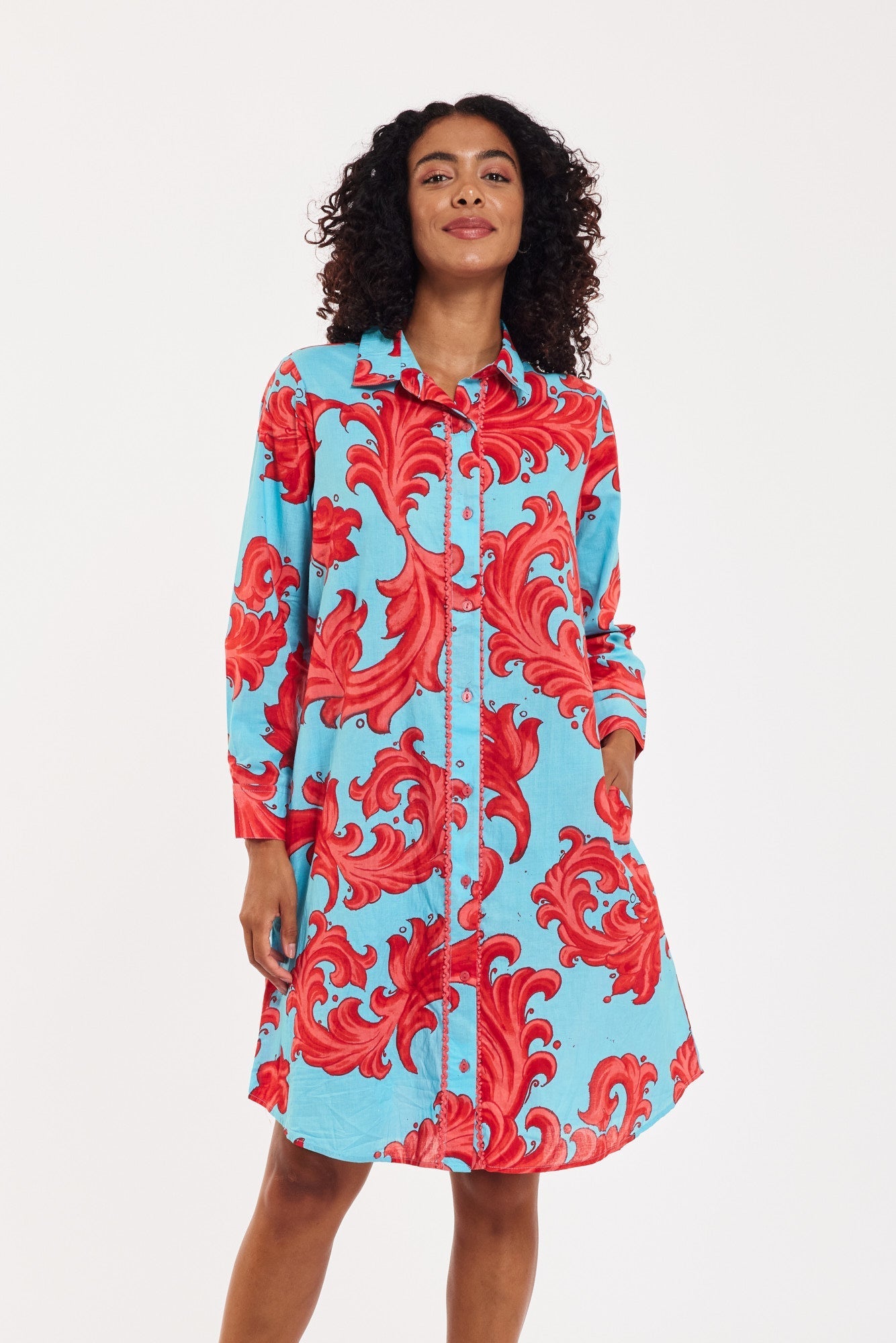 Preorder - Carlotta Midi Shirt Dress Baroque Swirl Blue Red