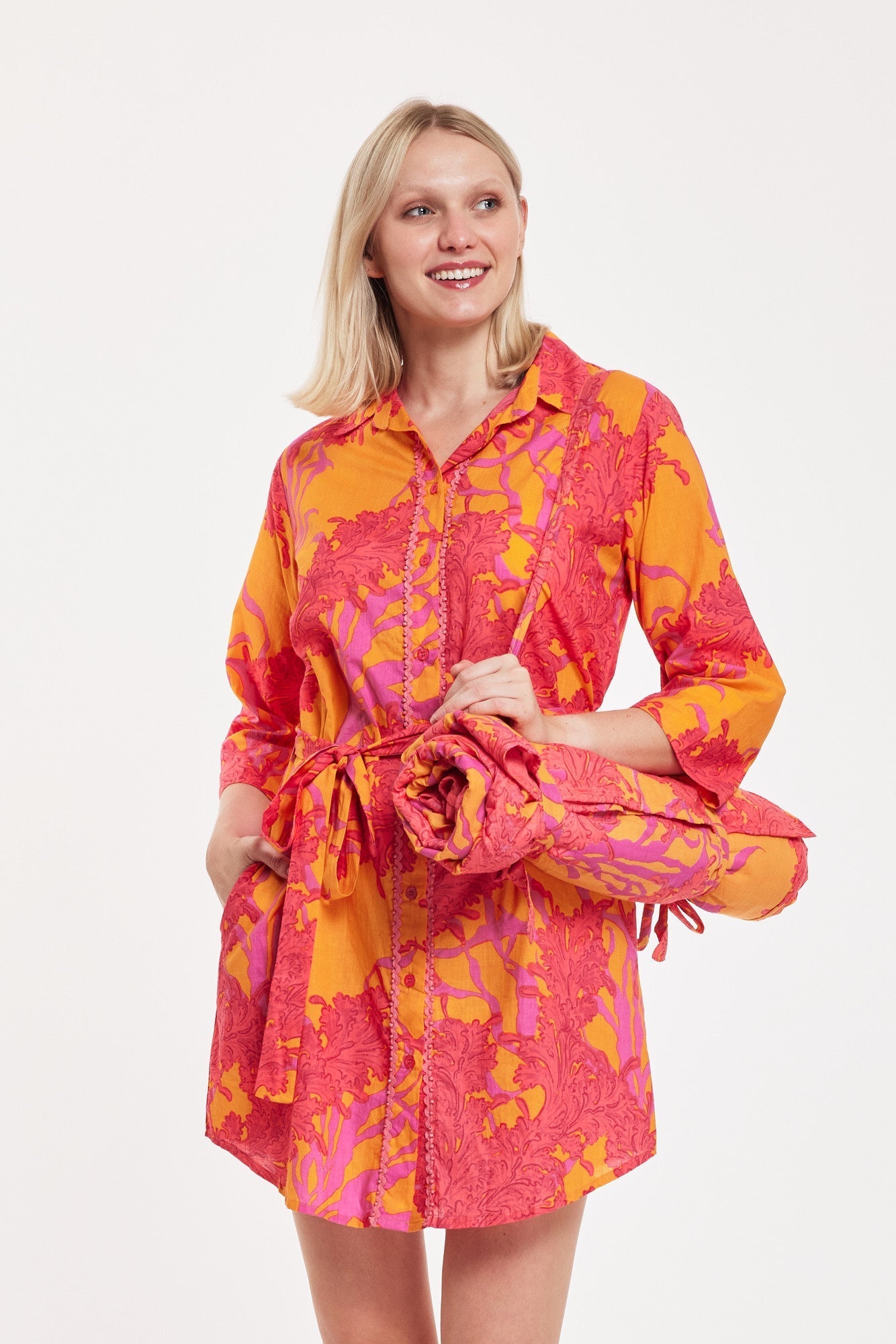 Preorder - Carlotta Shirt Dress Big Coral Orange Fuchsia