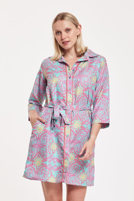 Preorder - Carlotta Shirt Dress Majolica Arbor Blue Red Gold