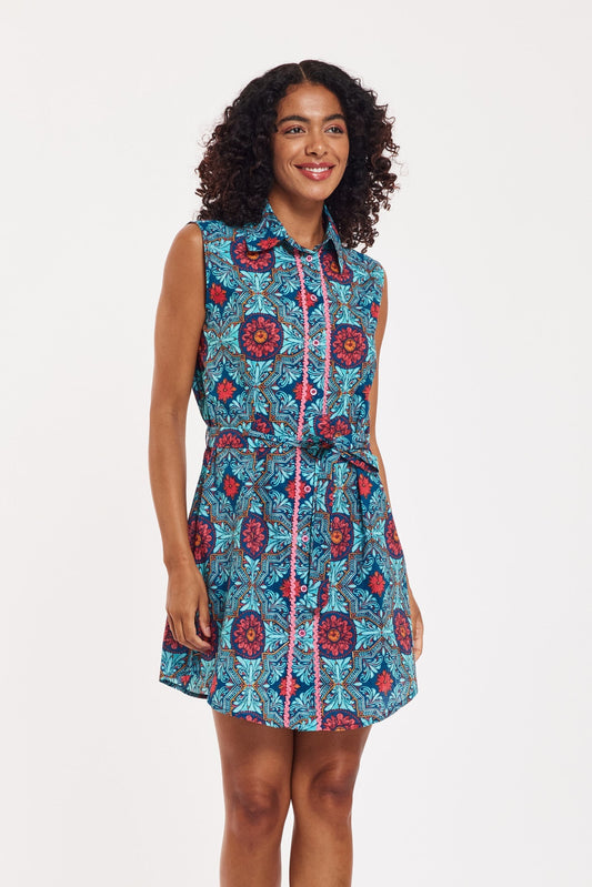 Carlotta Shirt Dress Kaleidoscope Navy Green Pink