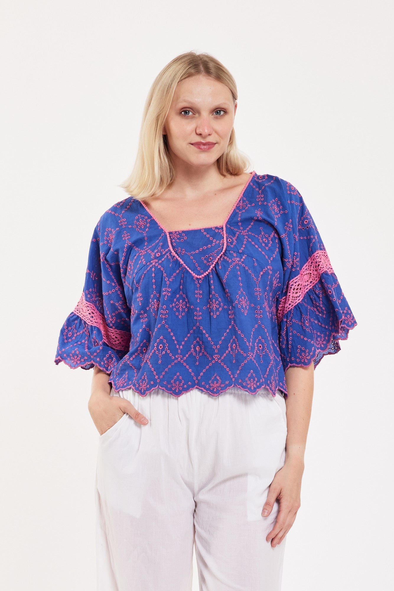 Preorder - Vanna Blouse Navy Blue Rose Pink Eyelet