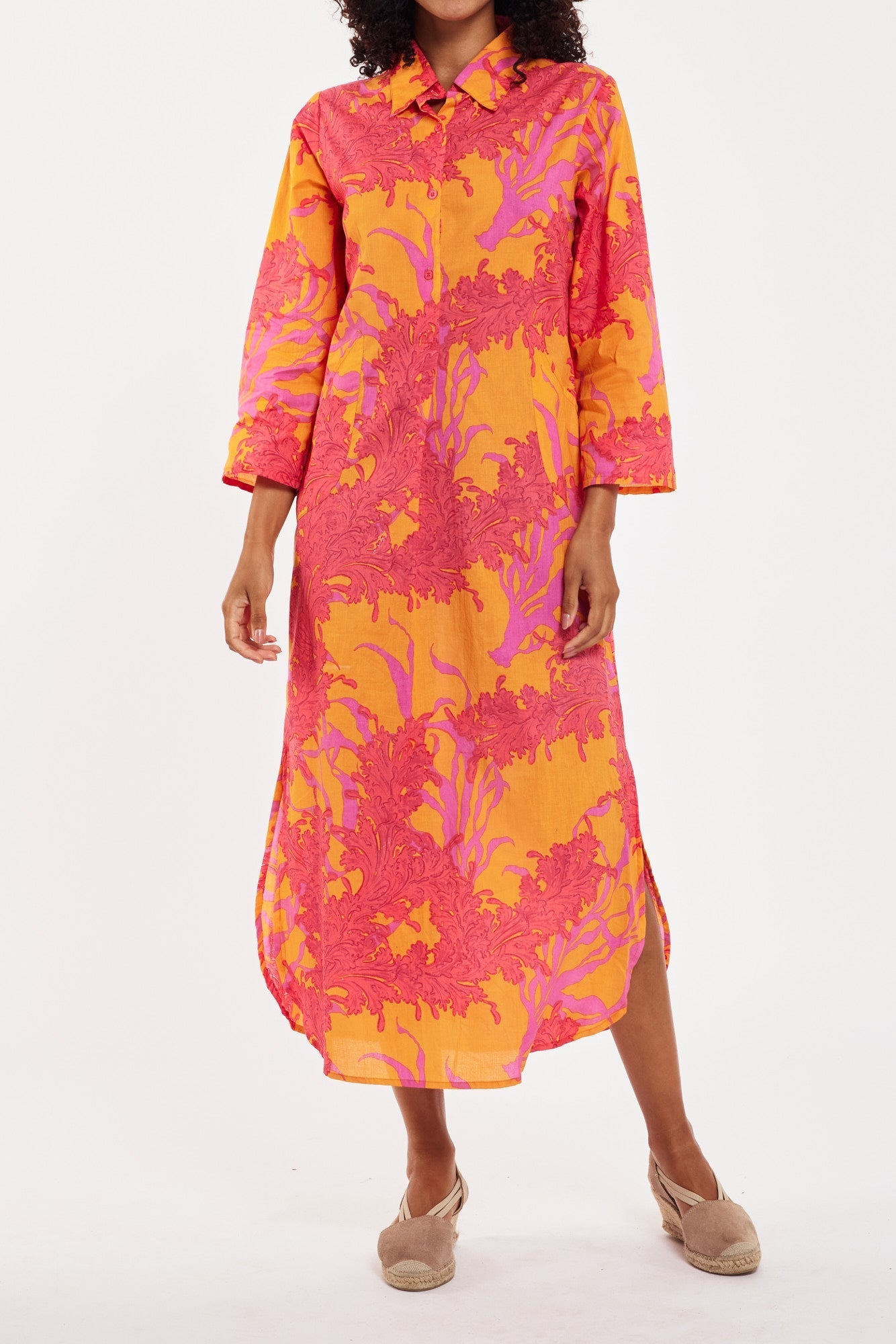 Preorder - Gabriella Maxi Caftan Shirt Dress Big Coral Orange Fuchsia