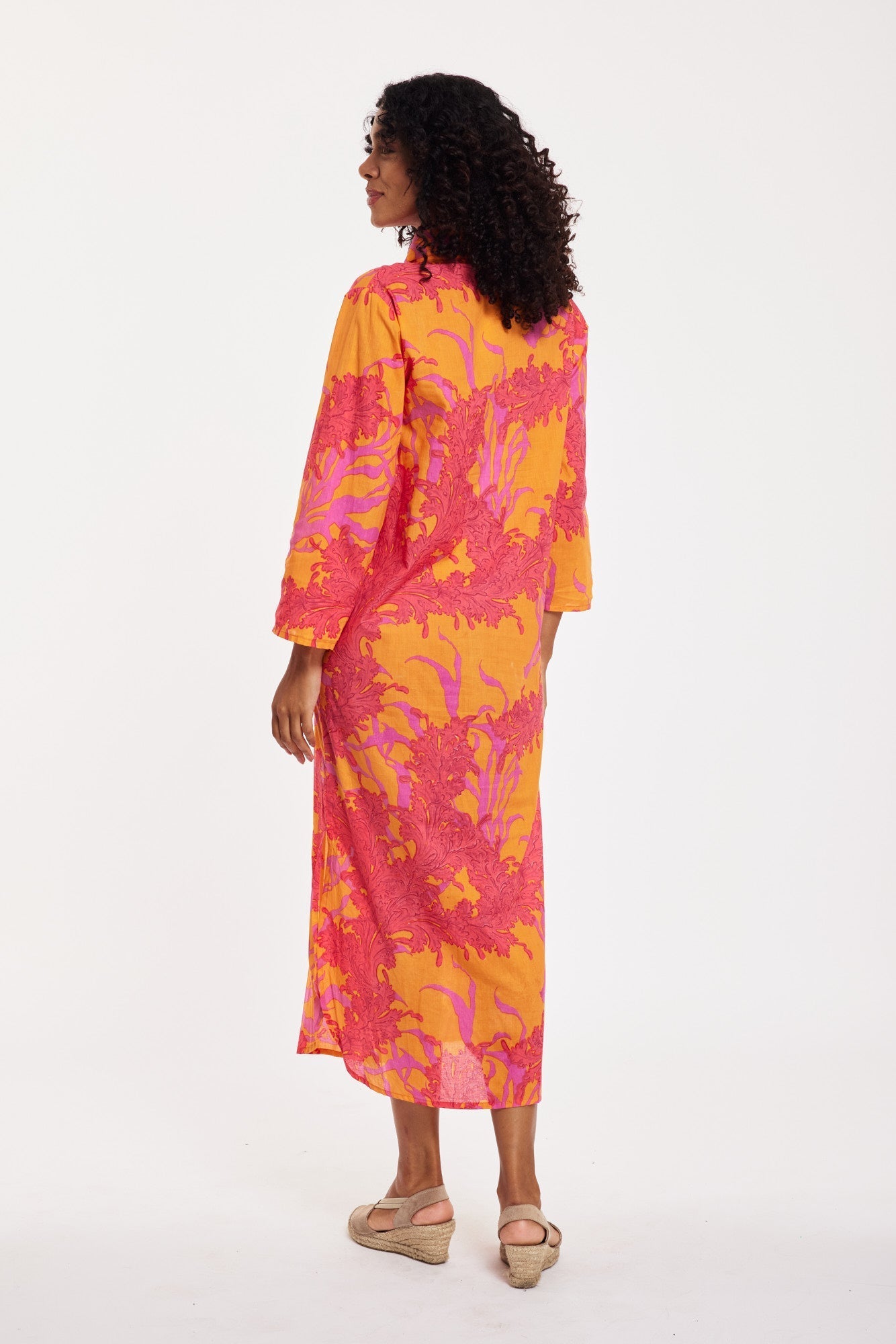 Preorder - Gabriella Maxi Caftan Shirt Dress Big Coral Orange Fuchsia