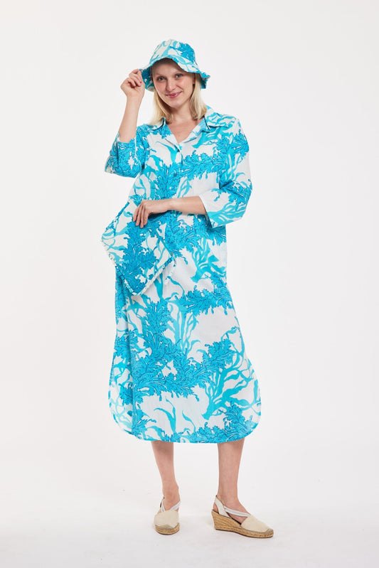 Preorder - Gabriella Maxi Caftan Shirt Dress Big Coral White Blue