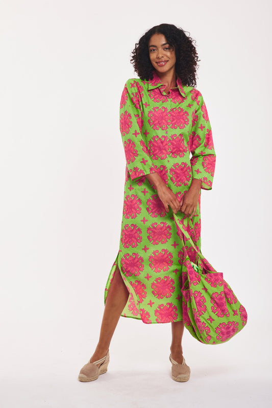 Preorder - Gabriella Maxi Caftan Shirt Dress Baroque Tile Jasmine Pink