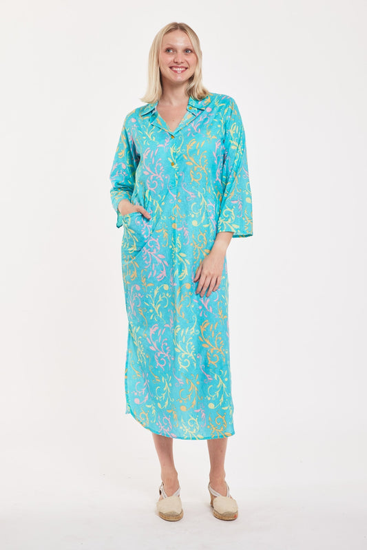 Preorder - Gabriella Maxi Caftan Shirt Dress Miami Swirl Aqua Multi