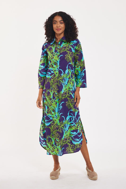 Gabriella Maxi Caftan Shirt Dress Indigo Blue Green Coral