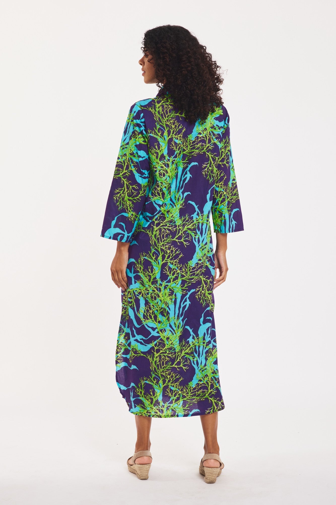 Preorder - Gabriella Maxi Caftan Shirt Dress Indigo Blue Green Coral