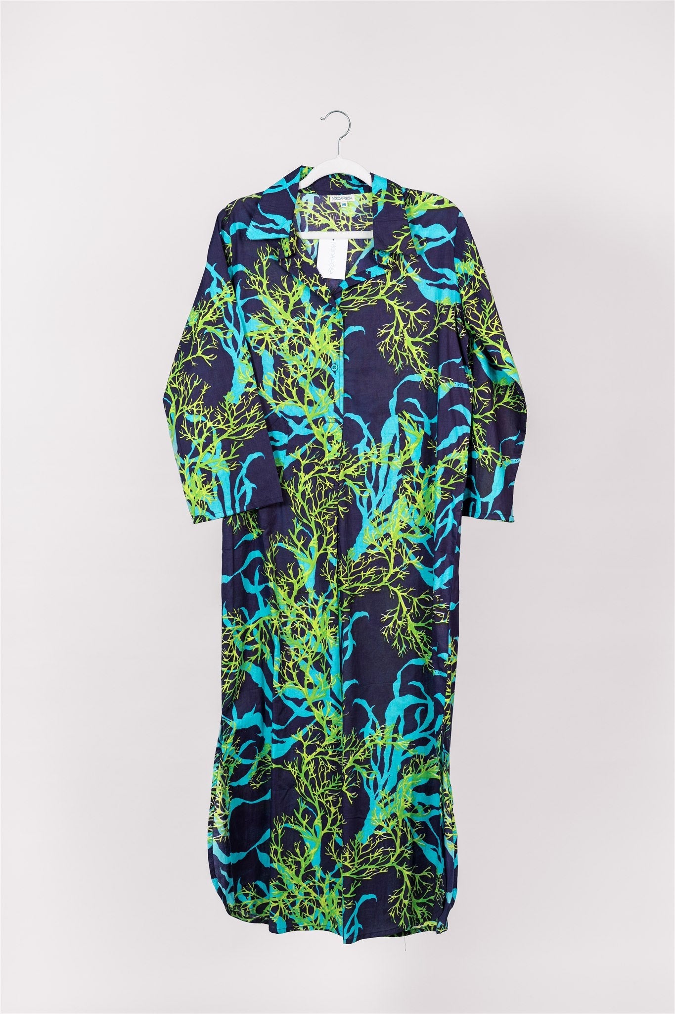 Preorder - Gabriella Maxi Caftan Shirt Dress Indigo Blue Green Coral