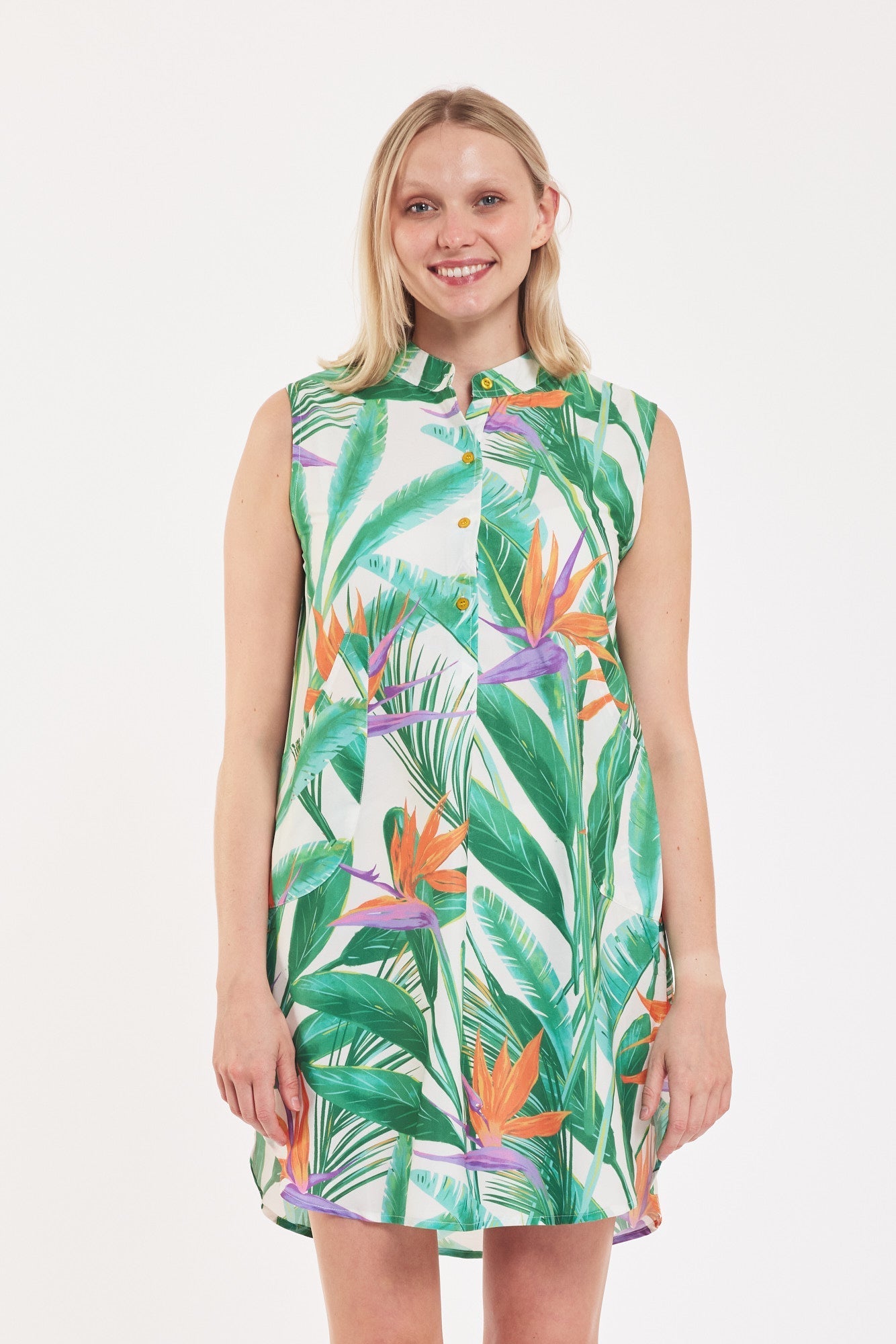 Preorder - Gabriella Dress Tropical Leaves Green White Orange