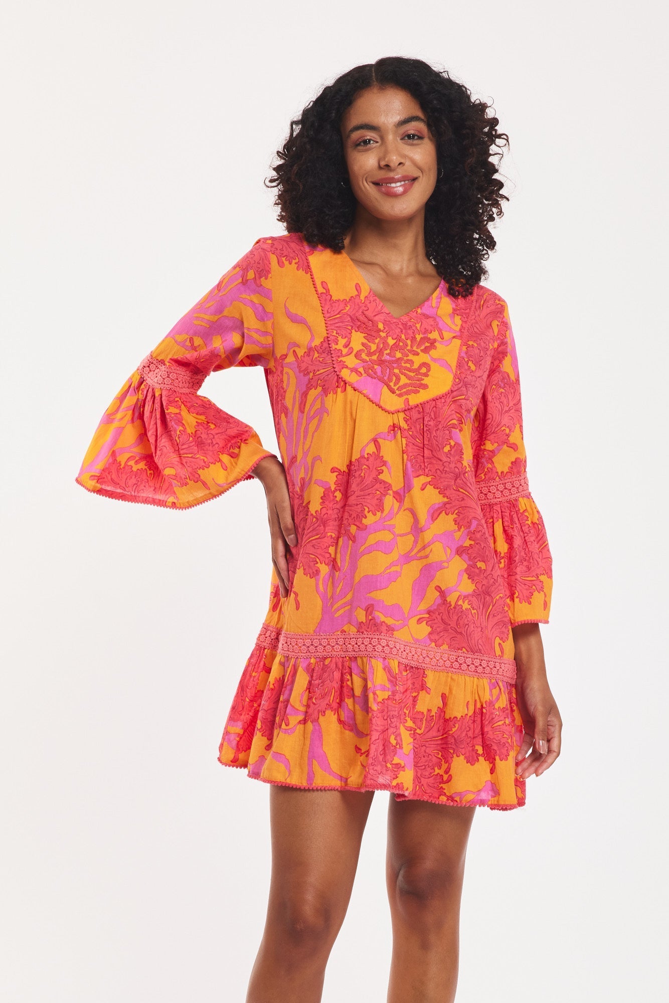 Preorder - Ilaria Dress Big Coral Orange Fuchsia