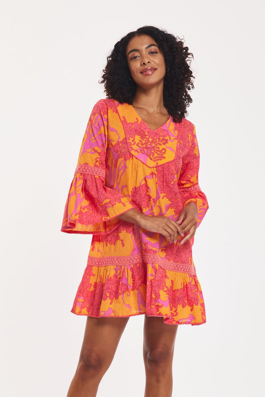 Preorder - Ilaria Dress Big Coral Orange Fuchsia