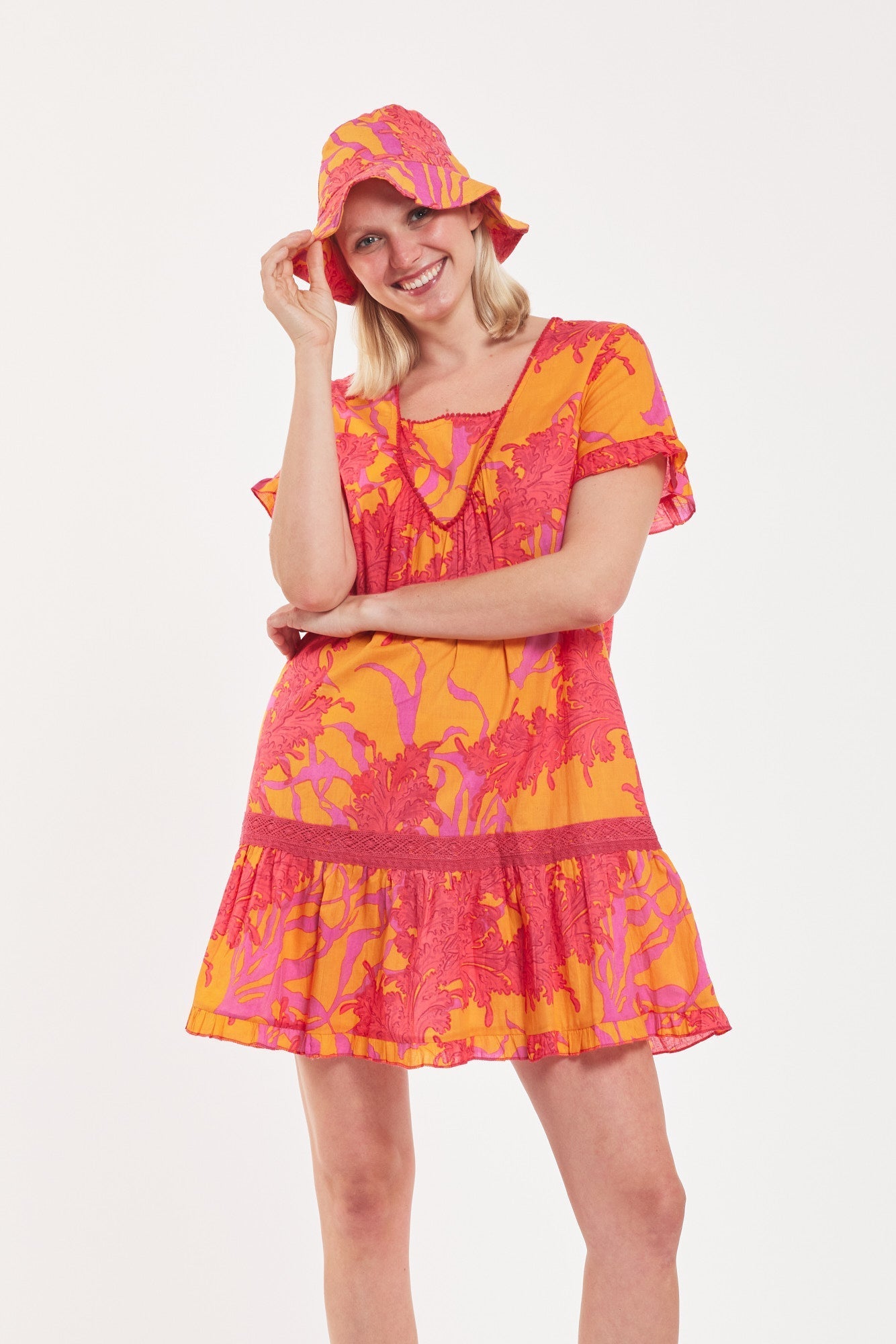 Preorder - Ilaria Dress Big Coral Orange Fuchsia