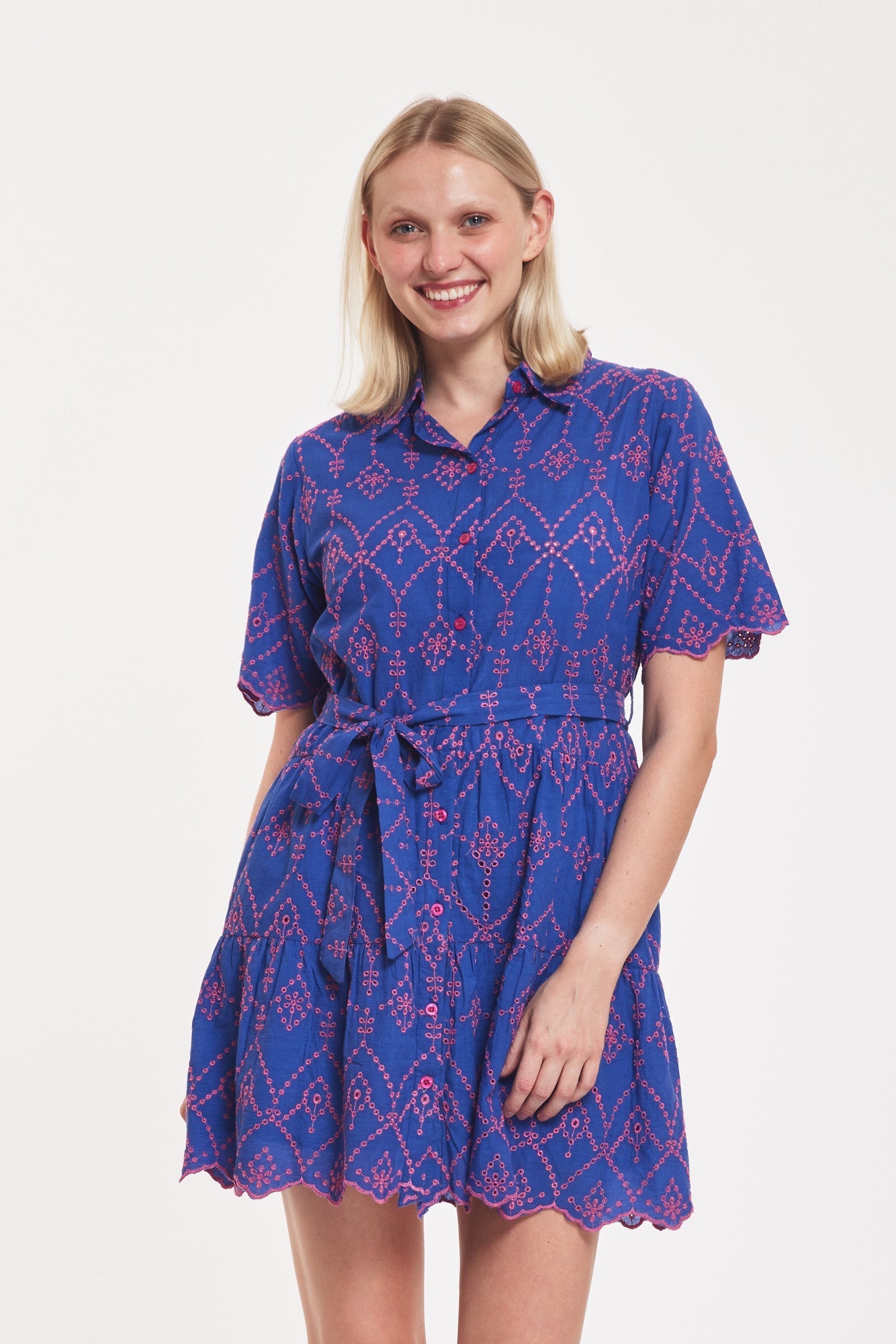 Preorder - Alcee Dress Navy Blue Rose Pink Eyelet