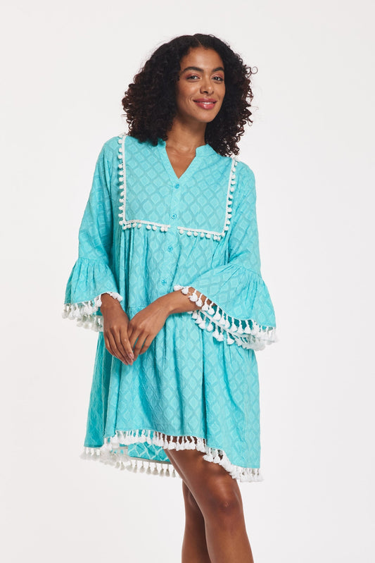 Preorder - Marilda Dress Aqua Cotton Jacquard