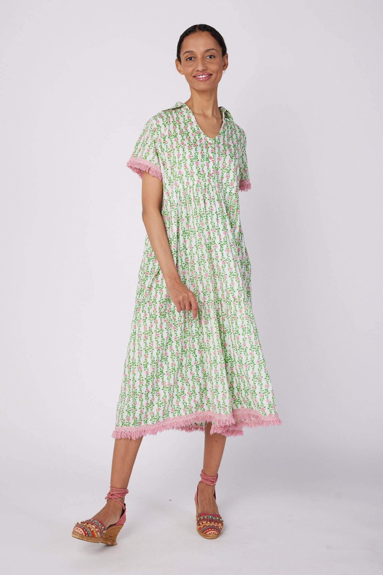 ModaPosa Cadenza Short Sleeve Midi Dress with Collar and Fringe Trim in Spring Garden . Discover women's resort dresses and lifestyle clothing inspired by the Mediterranean. Free worldwide shipping available!