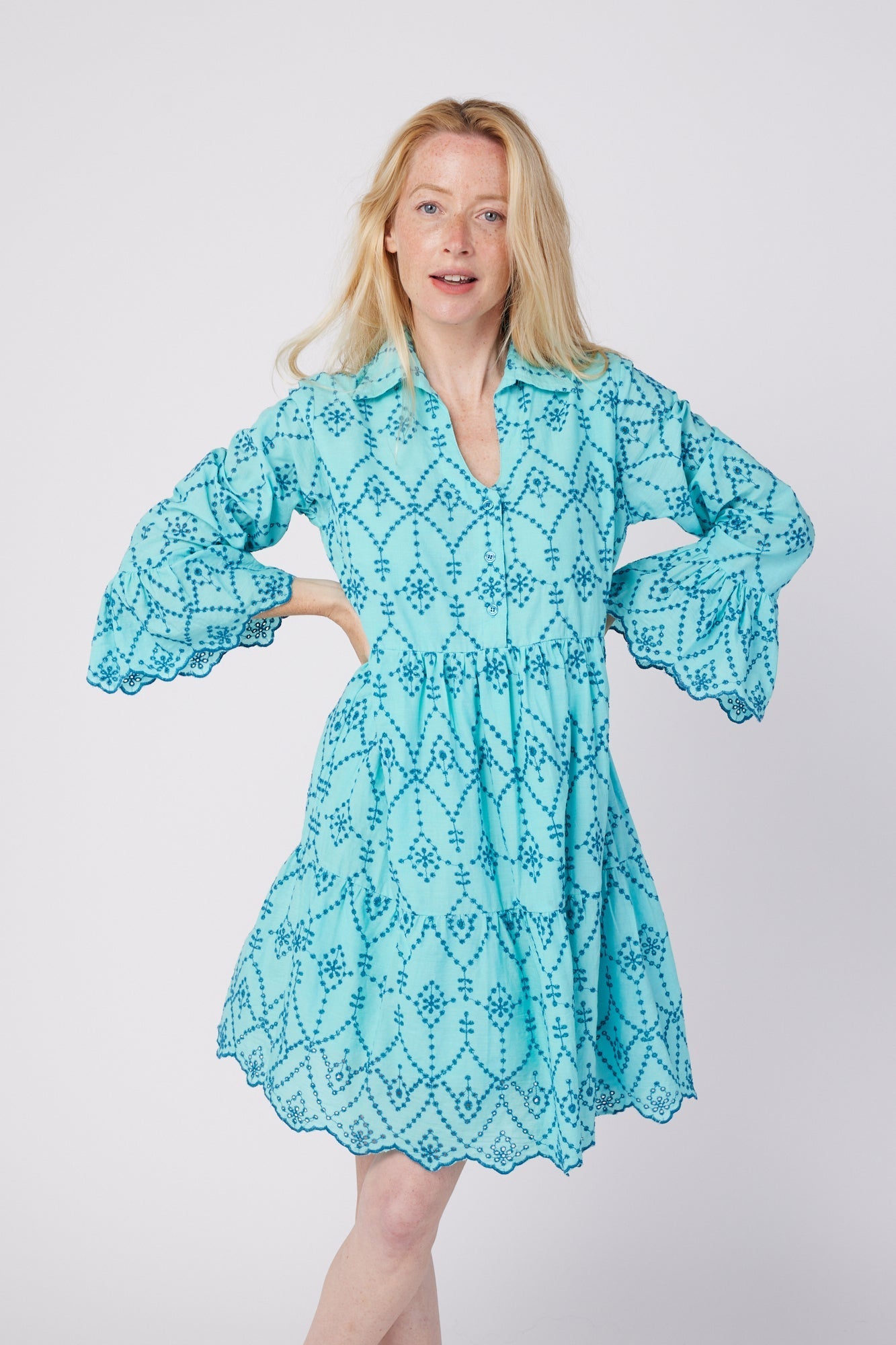 ModaPosa Cadenza 3/4 Frill Sleeve Knee Length Eyelet Dress with Collar in Mykonos Eyelet . Discover women's resort dresses and lifestyle clothing inspired by the Mediterranean. Free worldwide shipping available!
